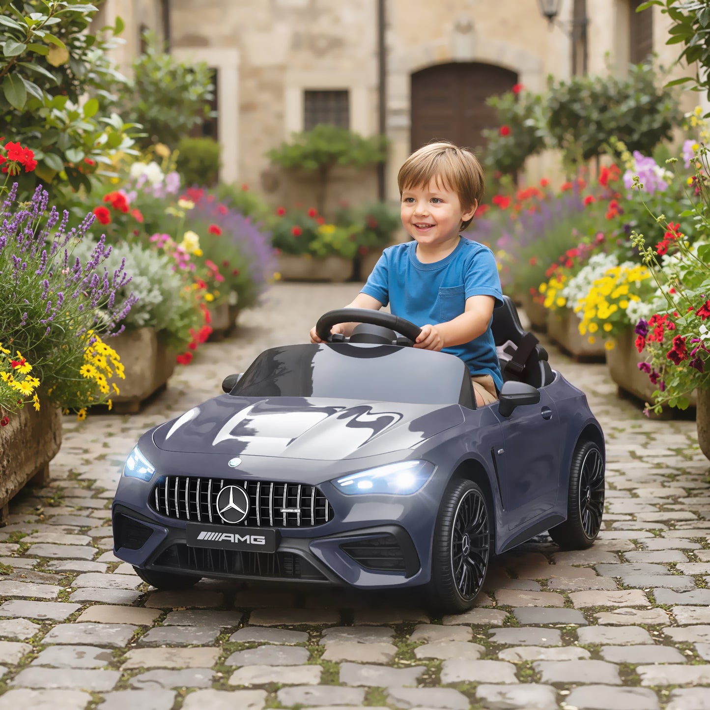 AIYAPLAY Kinder-Elektroauto, Mercedes-Design, 12V Motoren, Fernbedienung, LED-Lichter, Musik, für 3-6 Jahren Kinder, Grau