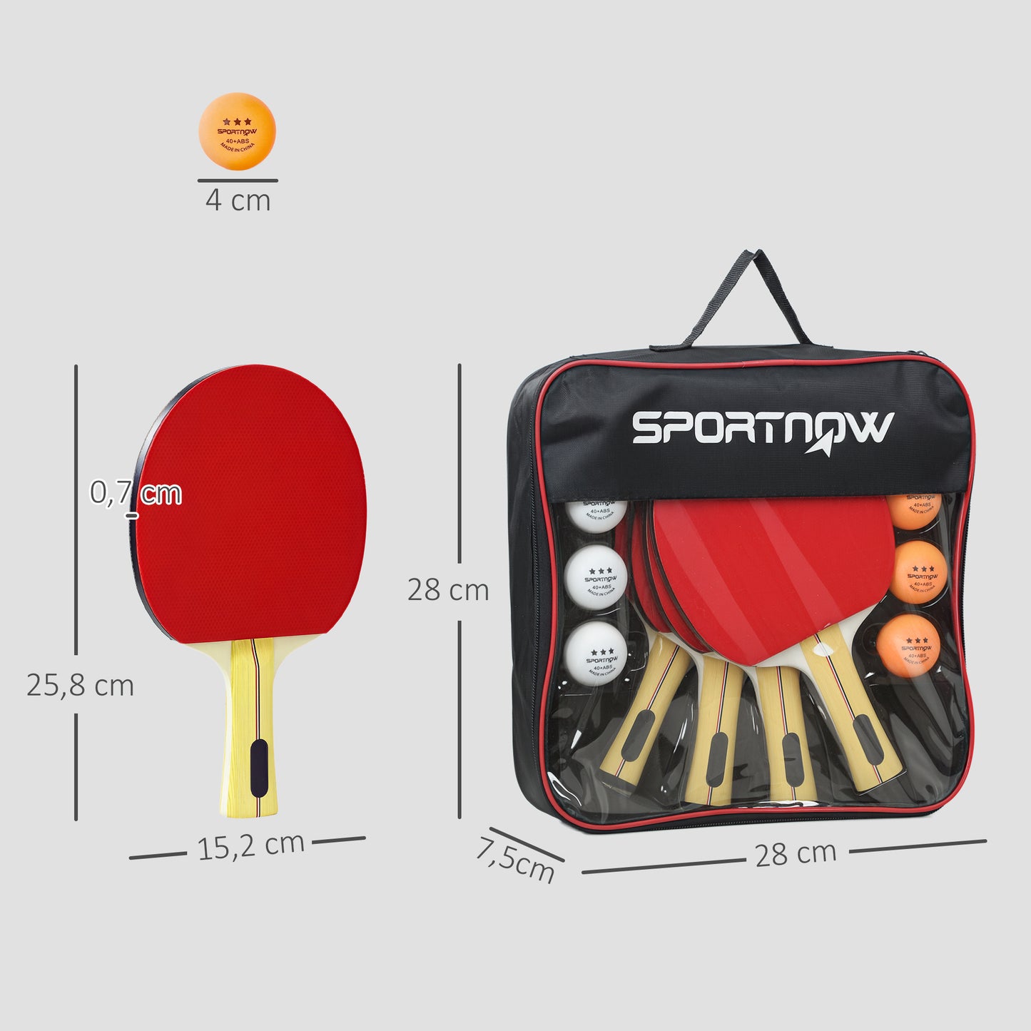 SPORTNOW Tischtennisschläger Tischtennis Set mit 4 Tischtennisschlägern, 8 Tischtennisbällen Tragetasche Für Drinnen & Draußen