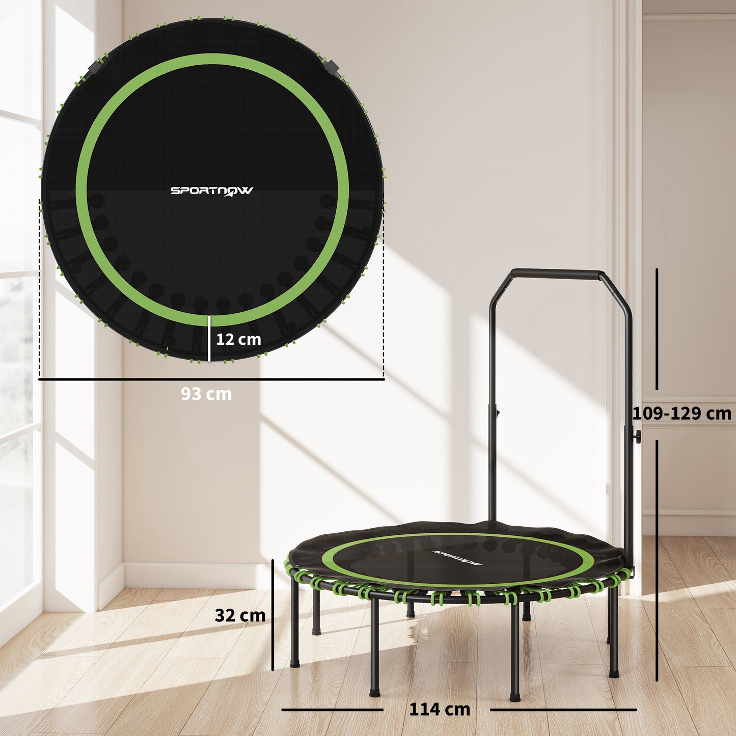SPORTNOW Fitness-Trampolin mit verstellbarem Handlauf, Sport-Trampolin für drinnen und draußen, Stahl, Kunststoff, Grün