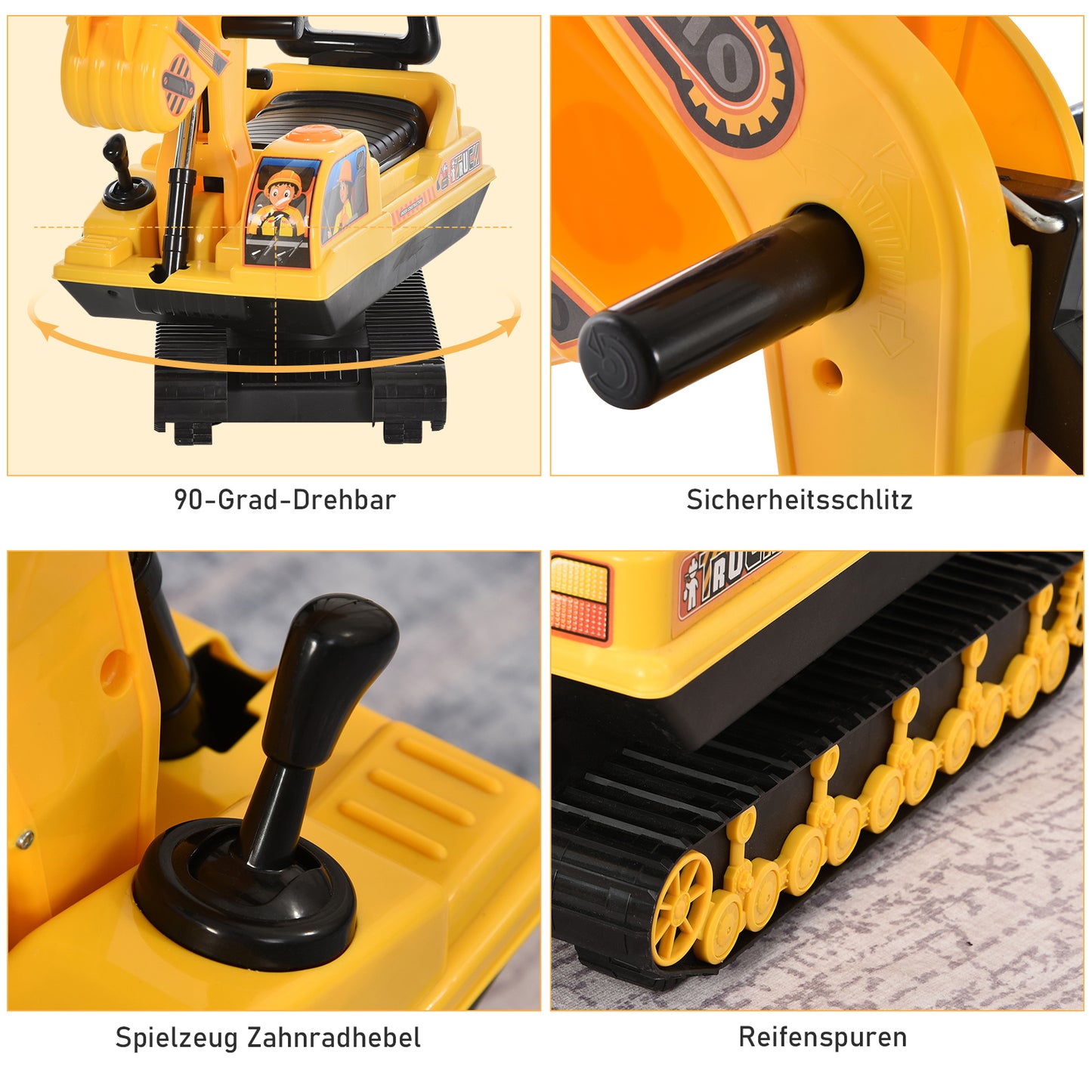 HOMCOM Sitzbagger Aufsitzbagger mit Schaufel Hupe, Kinderbagger mit Stauraum unter Sitz, Rutschauto Baggerfahrzeug zum Sitzen bis 30kg, Draufsitzen Sandbagger für Kinder 1,5-4 Jahre Gelb