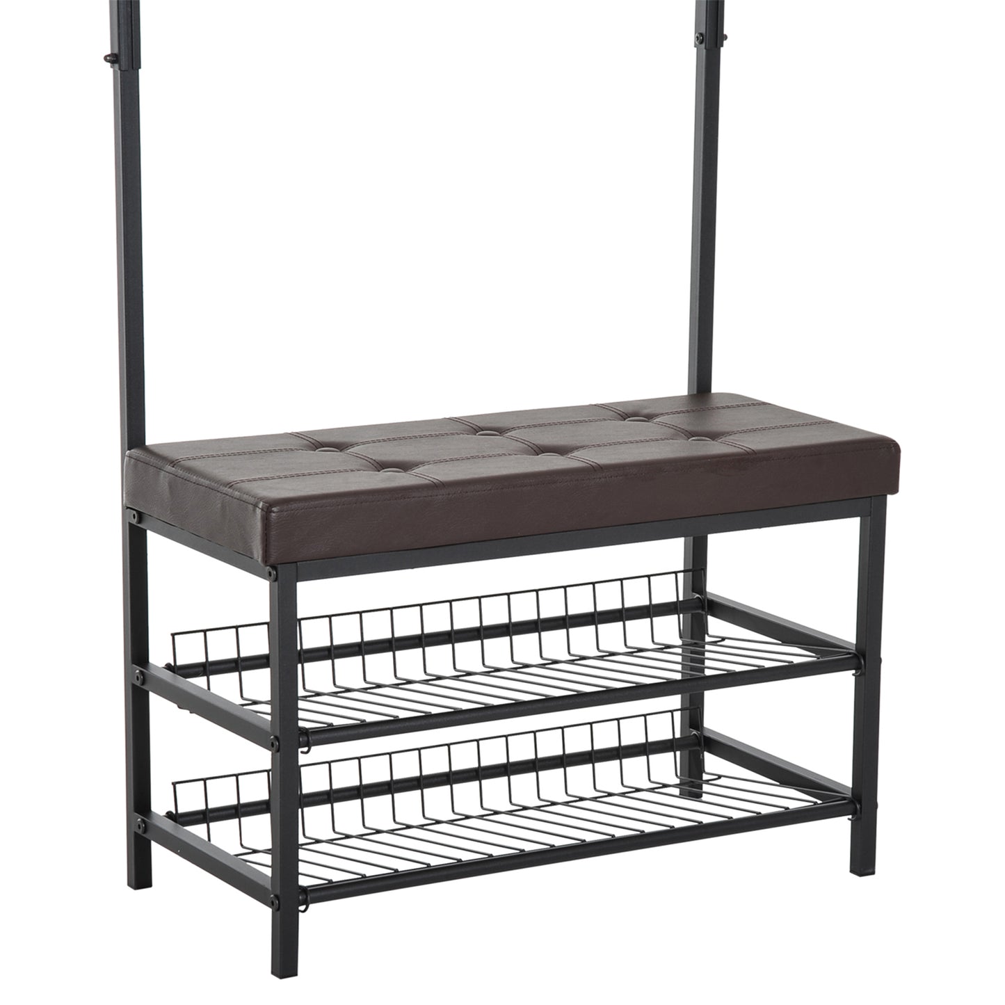 HOMCOM Garderobenständer Kleiderständer mit 5 Haken und Schuhbank mit 2 Ebenen Garderobe aus Metall für Flur, Schlafzimmer, 72,5 x35 x 180cm