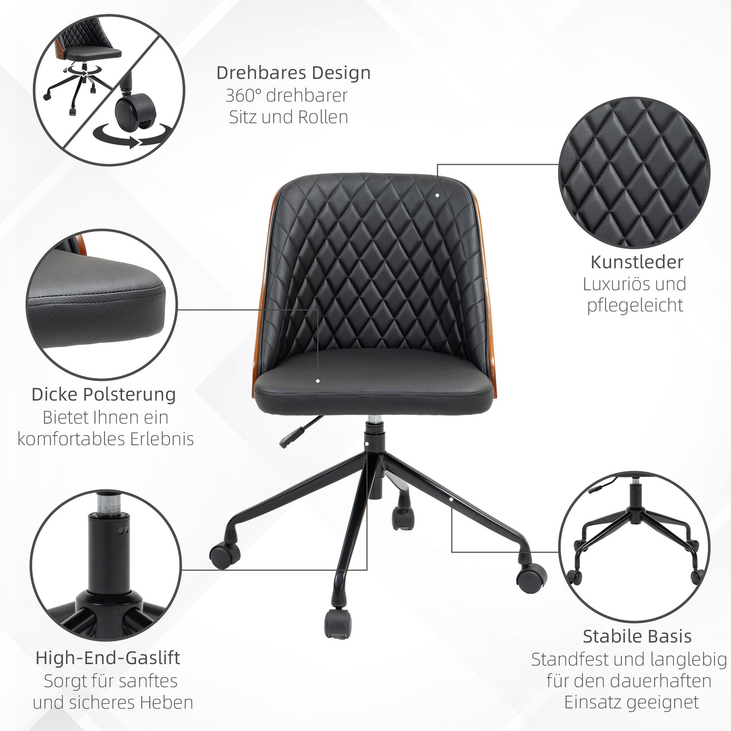 Vinsetto Bürostuhl Schreibtischstuhl Drehstuhl Home-Office-Stuhl höhenverstellbarer ergonomisch 360°-Drehräder Schaumstoff PU Schwarz 48,5 x 54,5 x 81-87 cm