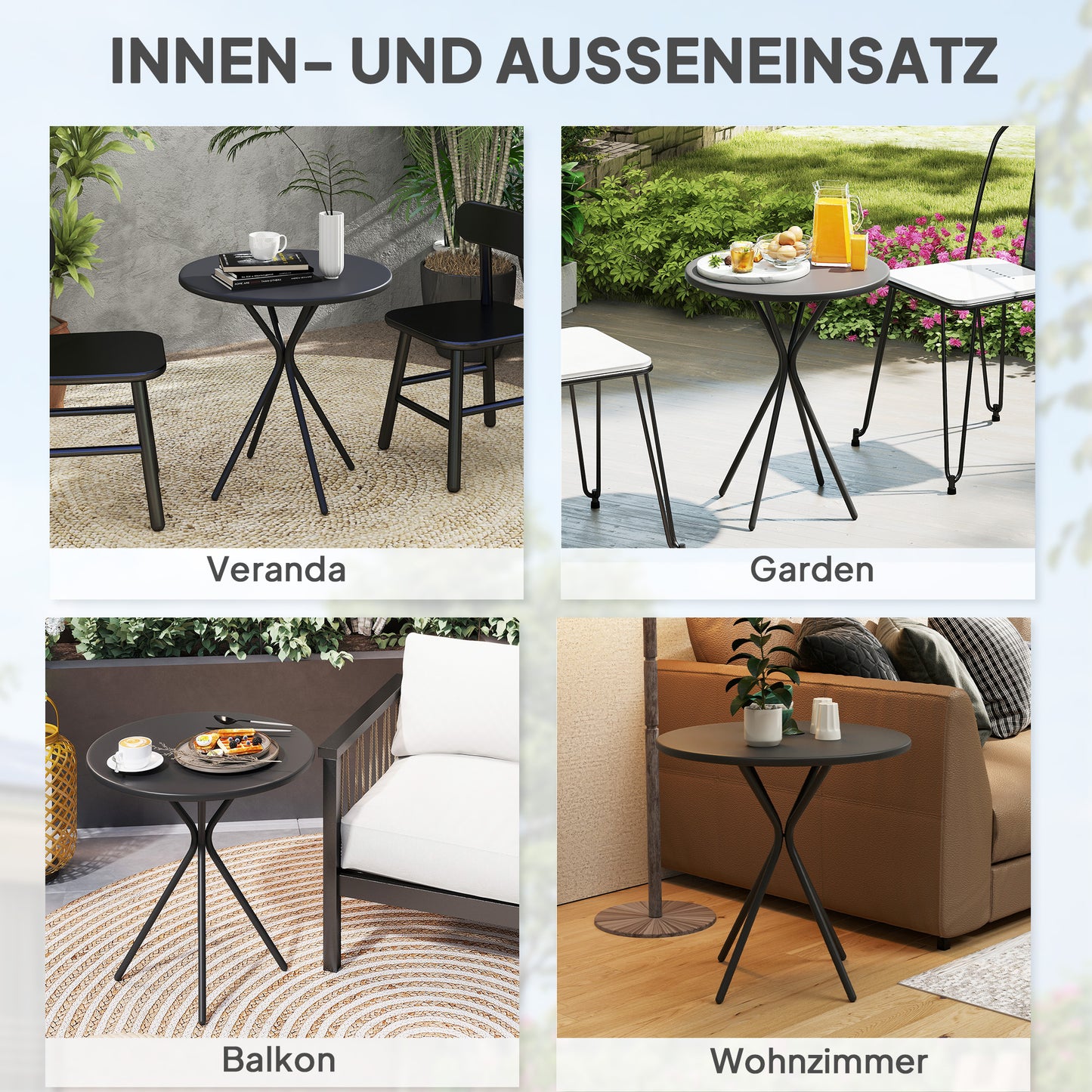 Outsunny Gartentisch Ø60 x 70 cm, Wetterfest Balkontisch aus Stahl, Runder Esstisch mit Fußpolster Schwarz