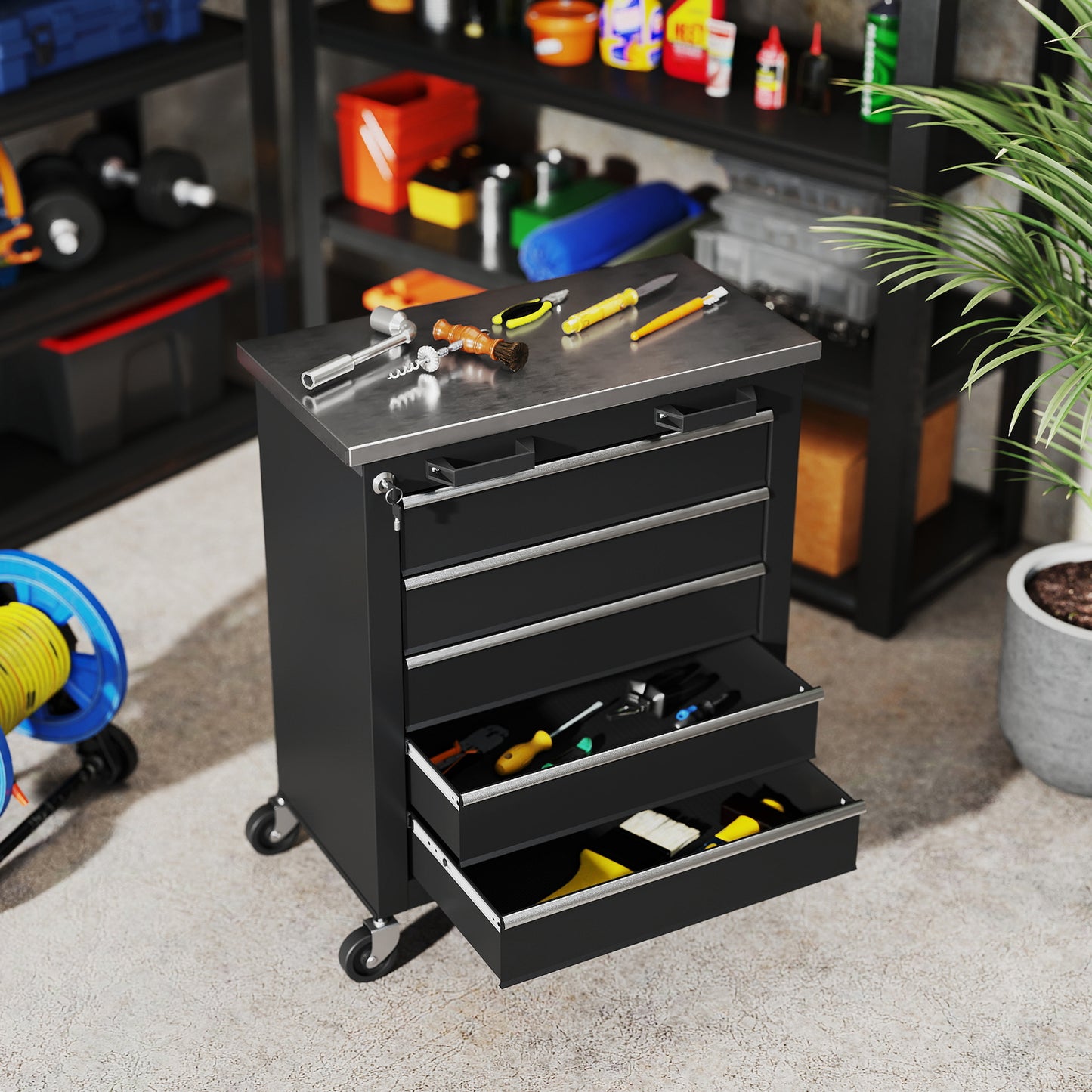 HOMCOM Werkzeugschrank mit 5 Schubladen, rollbare Werkzeugkiste, Werkzeugwagen aus Stahl, Silberton+Schwarz