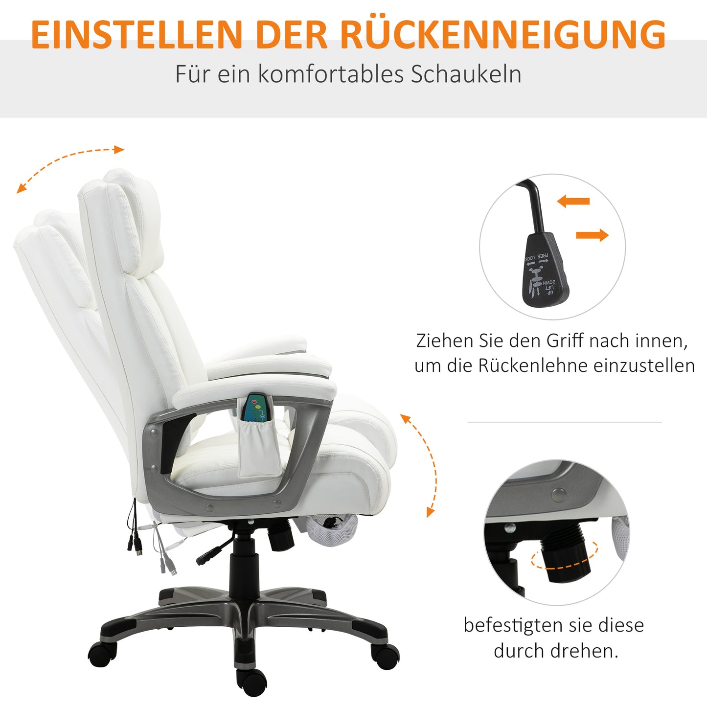 Vinsetto Massage-Bürostuhl 6-Punkt-Massage-Drehstuhl ergonomischer Stuhl Einstellbare aus Kunstleder mit gewölbter Kopfstütze und Armlehne Weiß 70 x 76,5 x 114-124 cm