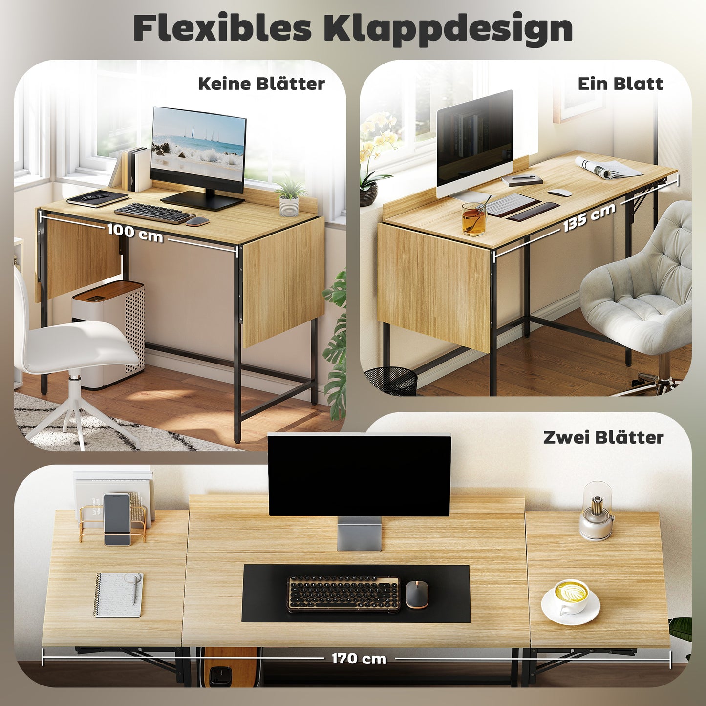 HOMCOM Klappbarer Computertisch mit 2 Ausziehplatten, viel Platz für Monitore, Metallbeine, robuste Konstruktion, Eiche+Schwarz