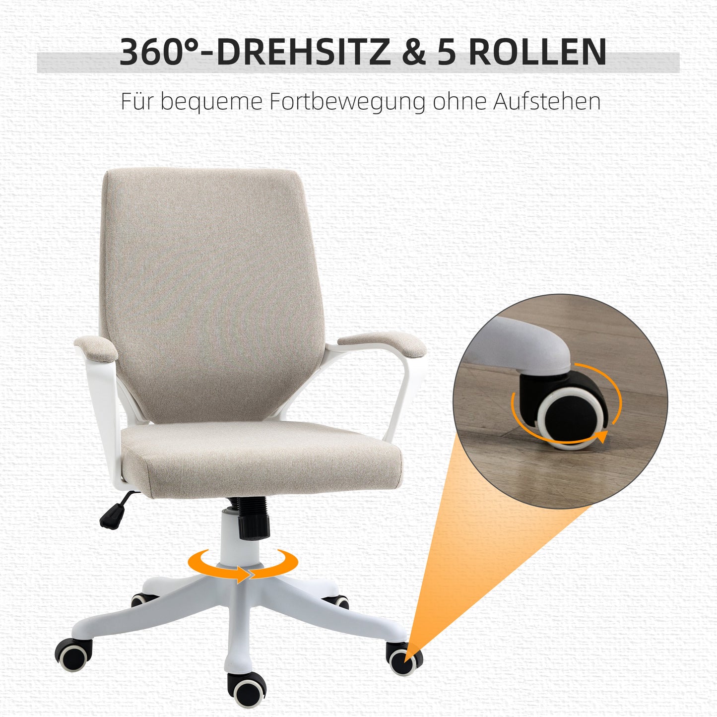 Vinsetto Bürostuhl Schreibtischstuhl Home-Office-Stuhl mit Wippenfunktion Rückenlehne höhenverstellbarer dick gepolstert ergonomisch 360°-Drehräder Polyester Nylon PP Beige+Weiß 62x69x92-100 cm