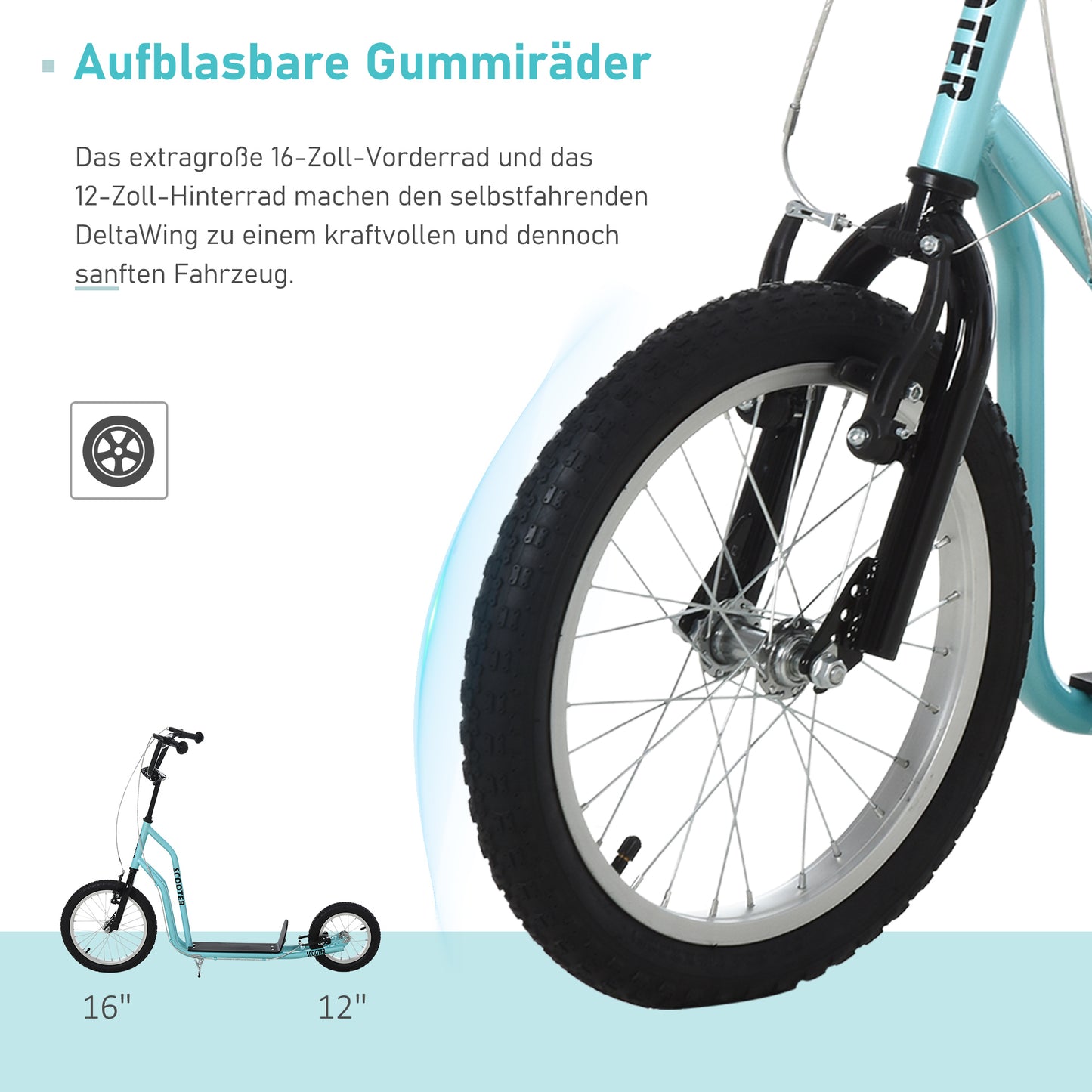 HOMCOM Kinderroller ab 5 jahre Scooter Tretroller Cityroller Kinder Roller Kickboard mit Luftreifen16/12 Zoll Blau 135 x 58 x 88-94 cm