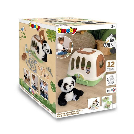Smoby - Veterinary case - 1 panda plush and many accessories - 2 in 1 product: Transport cage - Made in France