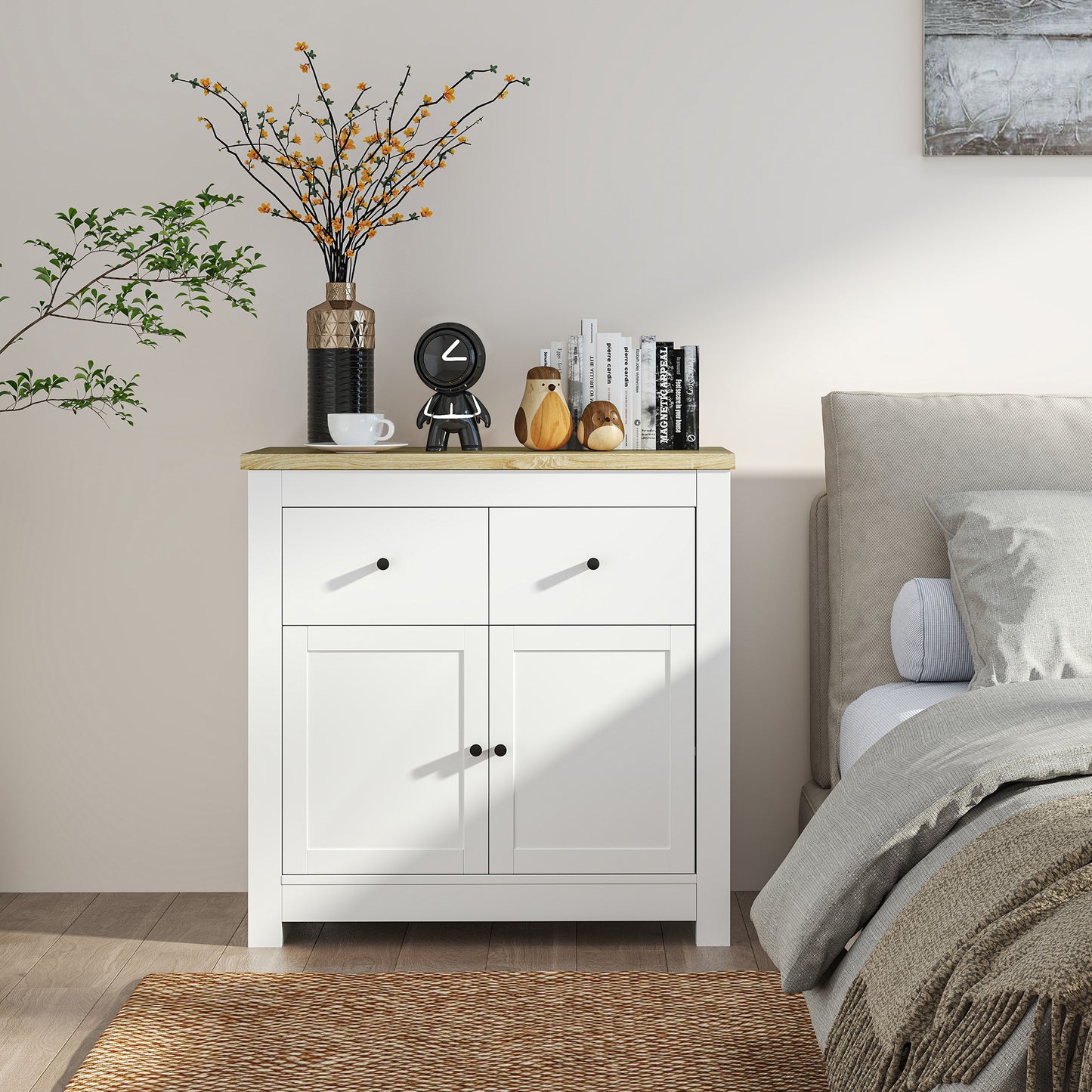 HOMCOM Kommode mit viel Stauraum, Sideboard mit Soft-Close-Türen, 2 Schubladen, verstellbares Regal, Weiß