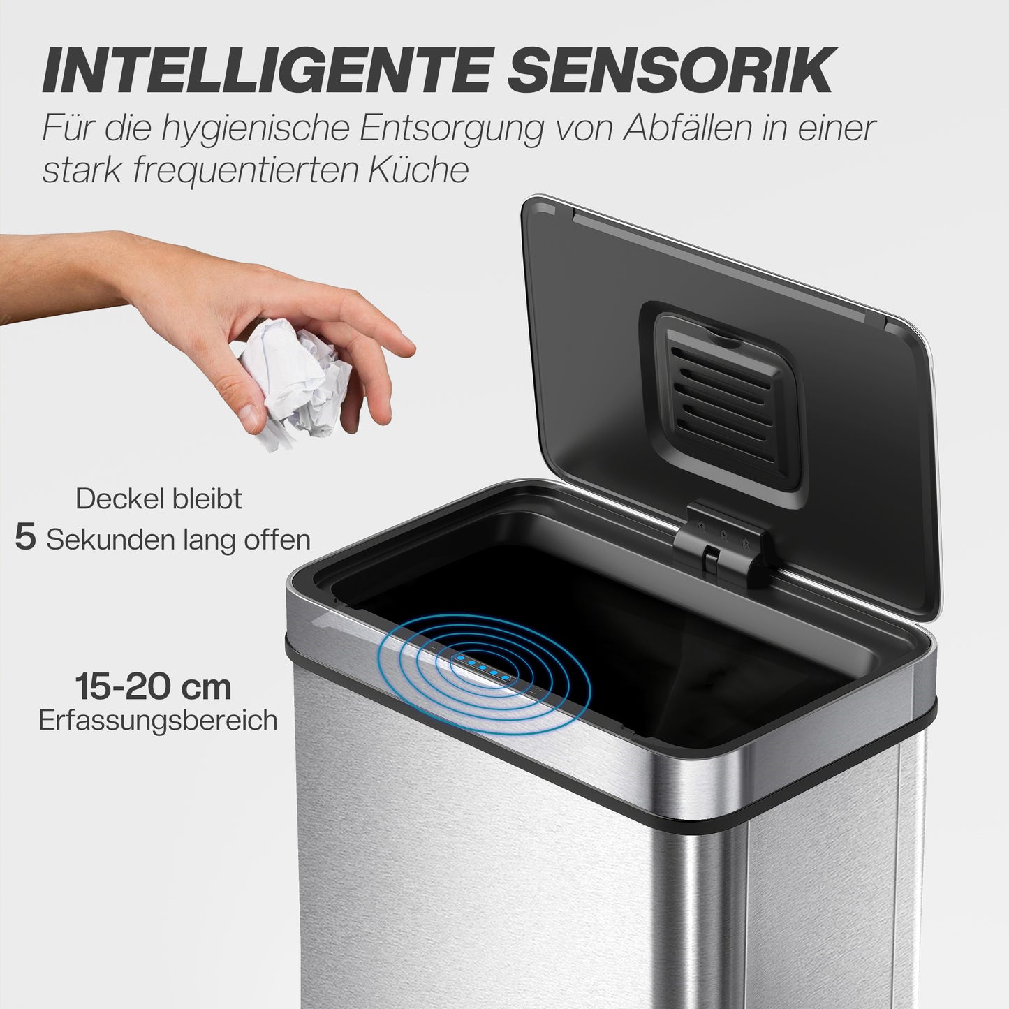 HOMCOM 60 L Sensor-Mülleimer, automatischer Deckel, Edelstahl, vielseitig einsetzbar, Silberfarben