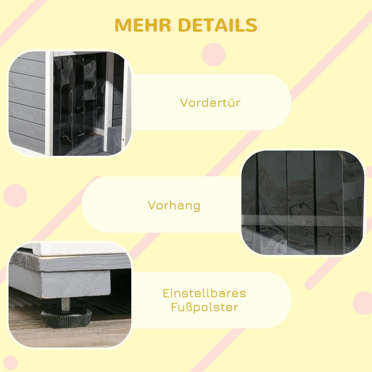 PawHut Hundehütte aus Massivholz, mit 2 Fressnäpfen, Veranda, wetterbeständig, 103 cm x 62 cm x 66 cm, Grau + Weiß