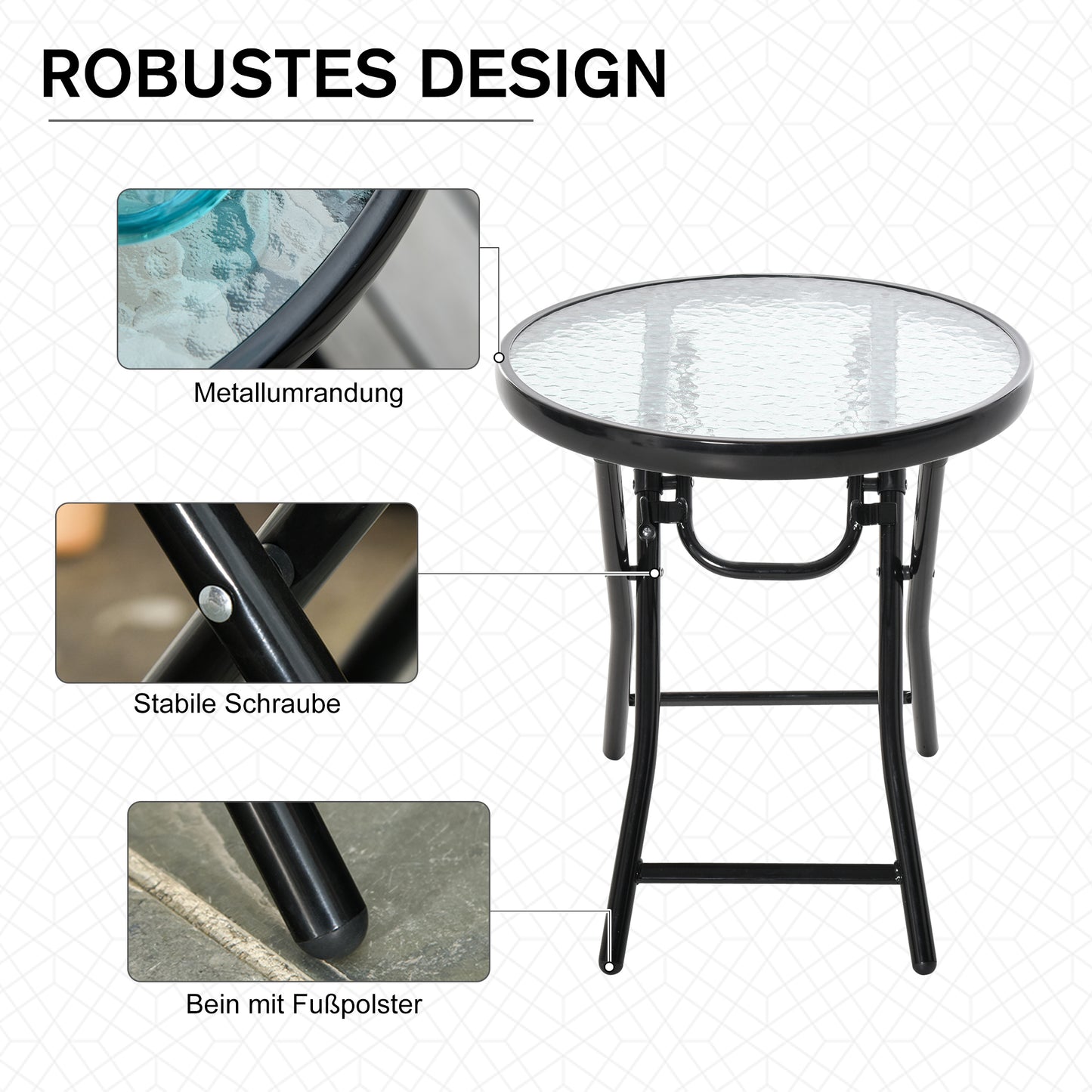 Outsunny Gartentisch Beistelltisch Bistrotisch mit Glasplatte rund klappbar Metall Ø45 schwarz