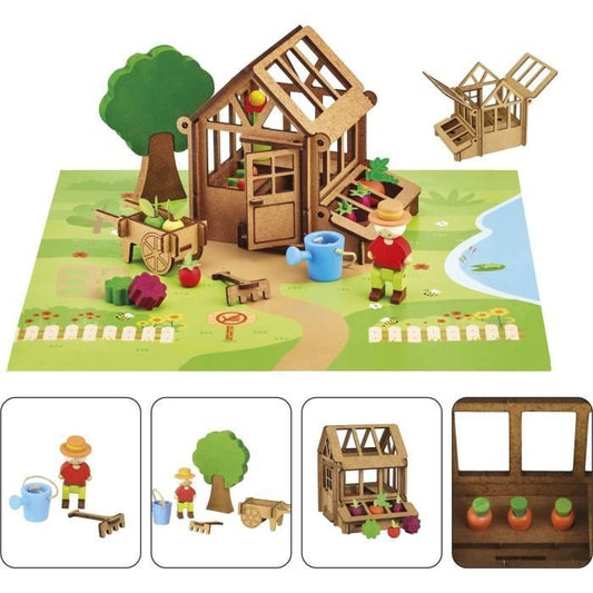 The Gardener's Greenhouse 40 Pieces - JEUJURA - Natural Wood Construction Game, Mat and Accessories Included, 22x18.5x8.5 cm