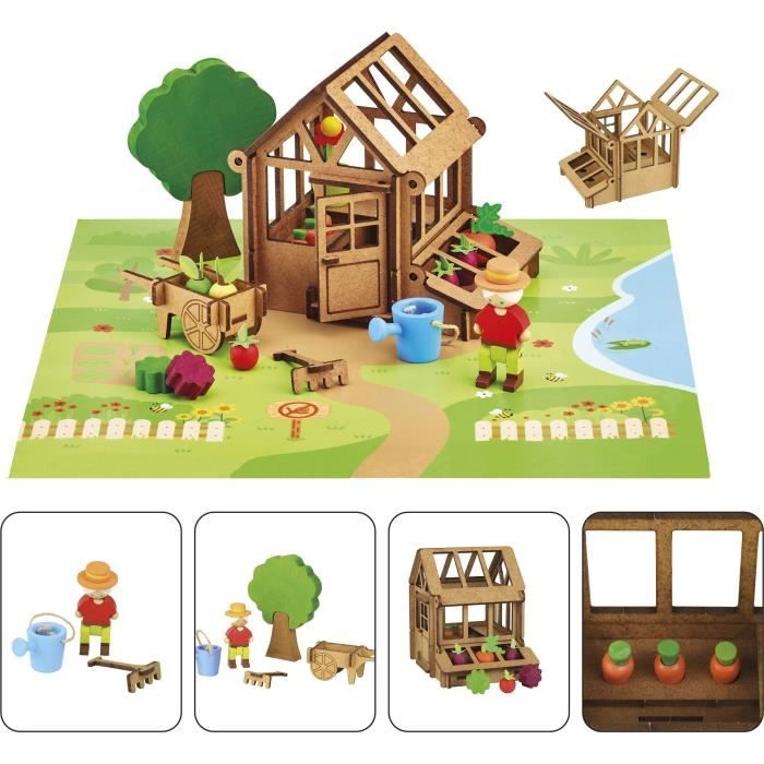 The Gardener's Greenhouse 40 Pieces - JEUJURA - Natural Wood Construction Game, Mat and Accessories Included, 22x18.5x8.5 cm