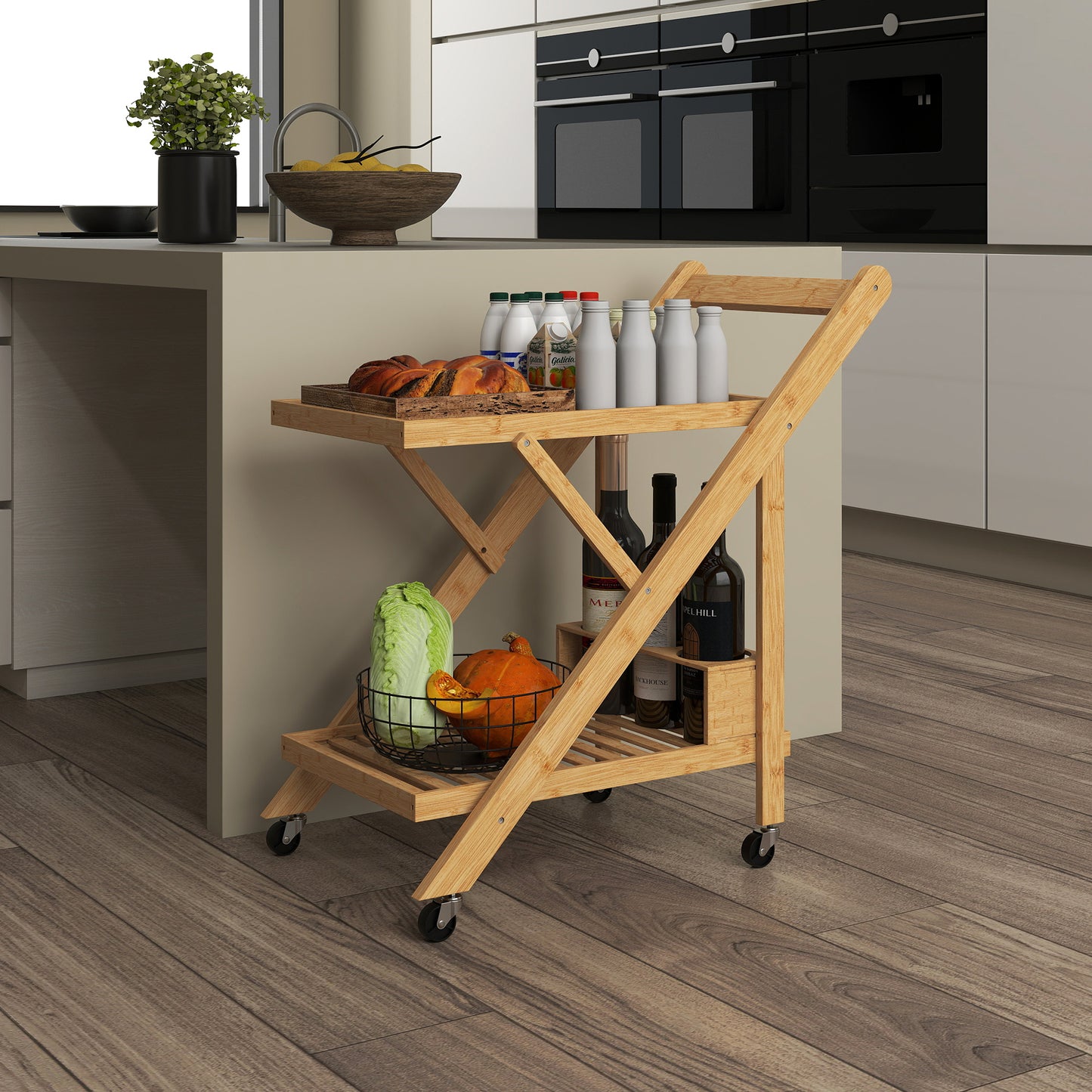 HOMCOM Küchenwagen auf Rädern, Servierwagen mit 3 Weinregalen, 2 Tabletts, für Küche, Esszimmer, Bambusholz, Hellbraun