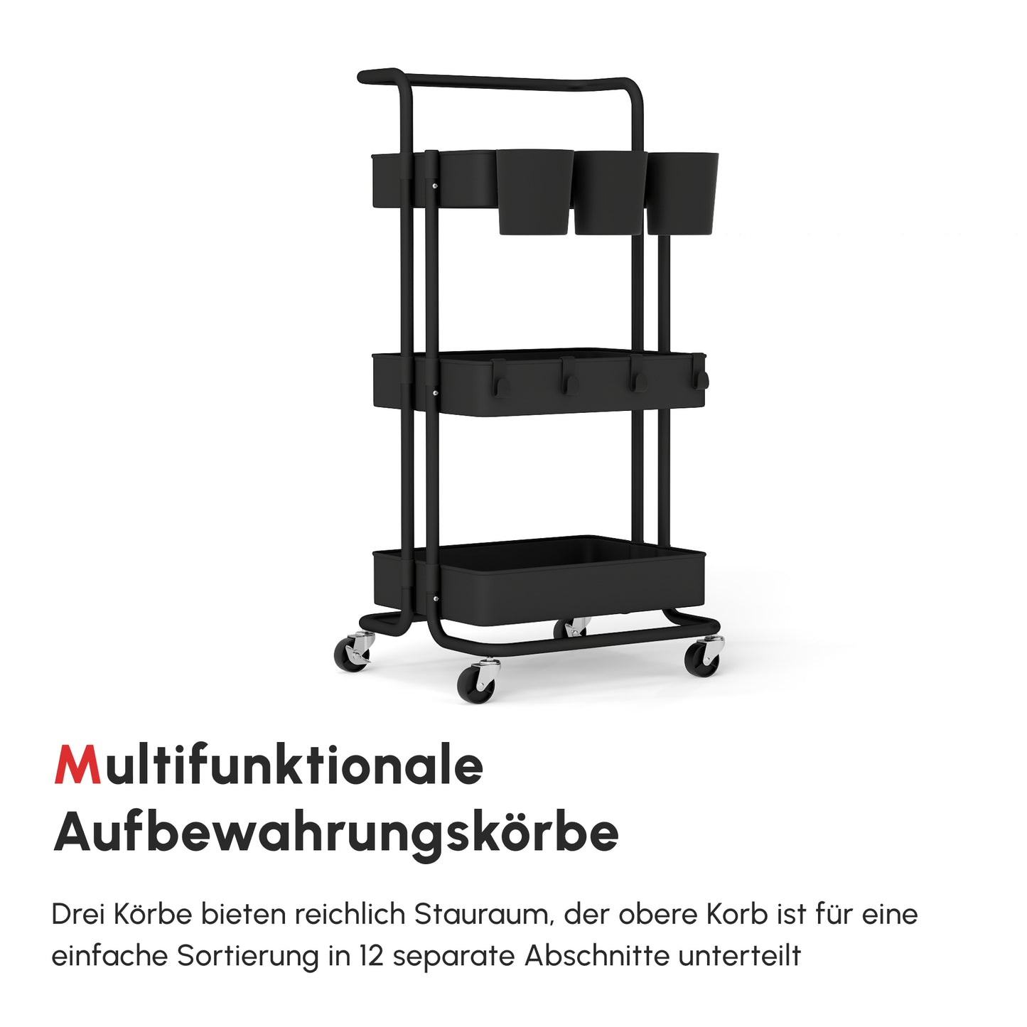 HOMCOM Rollwagen mit 3 Etagen, Ablagekörben, Haken, Beistellwagen für Küche oder Wohnzimmer, Stahl, Kunststoff, Schwarz