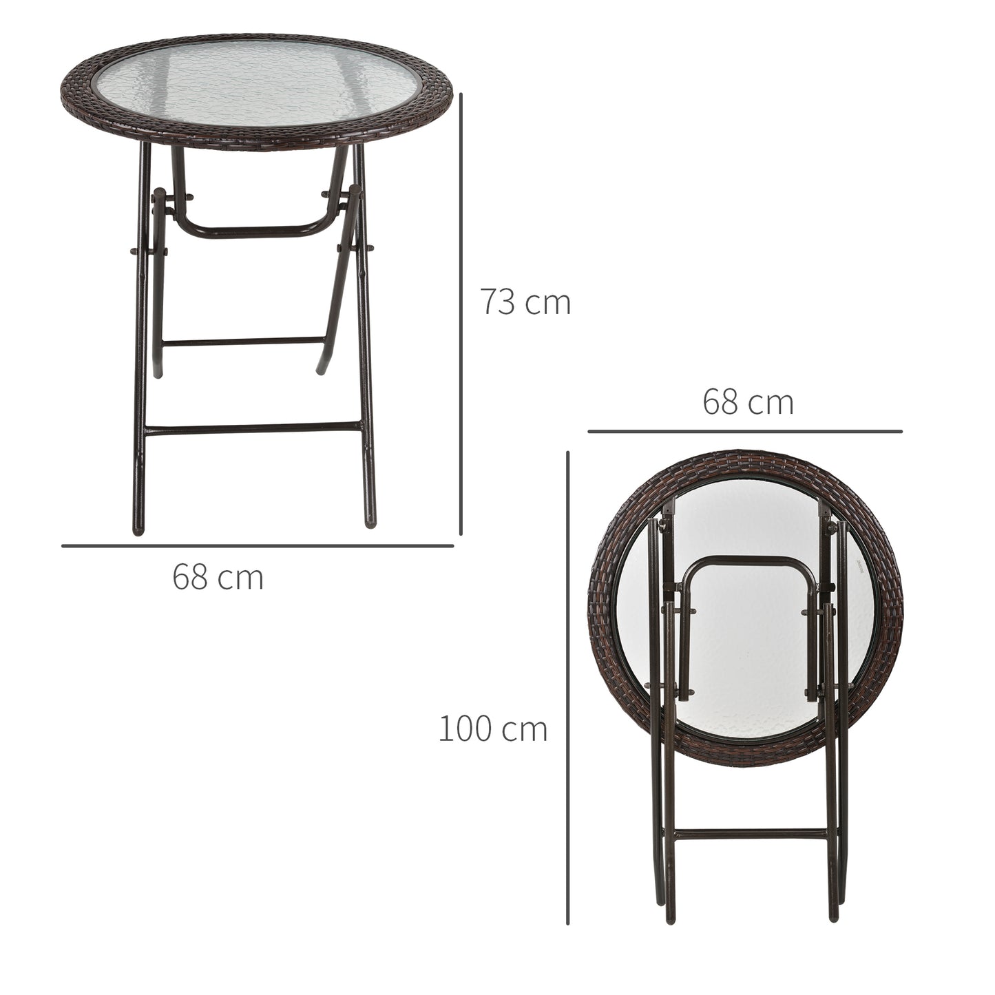 Outsunny Gartentisch, klappbar, Hartglastischplatte, Stahlrahmen, Rattan-Dekor, braun, 68 x 68 x 73 cm