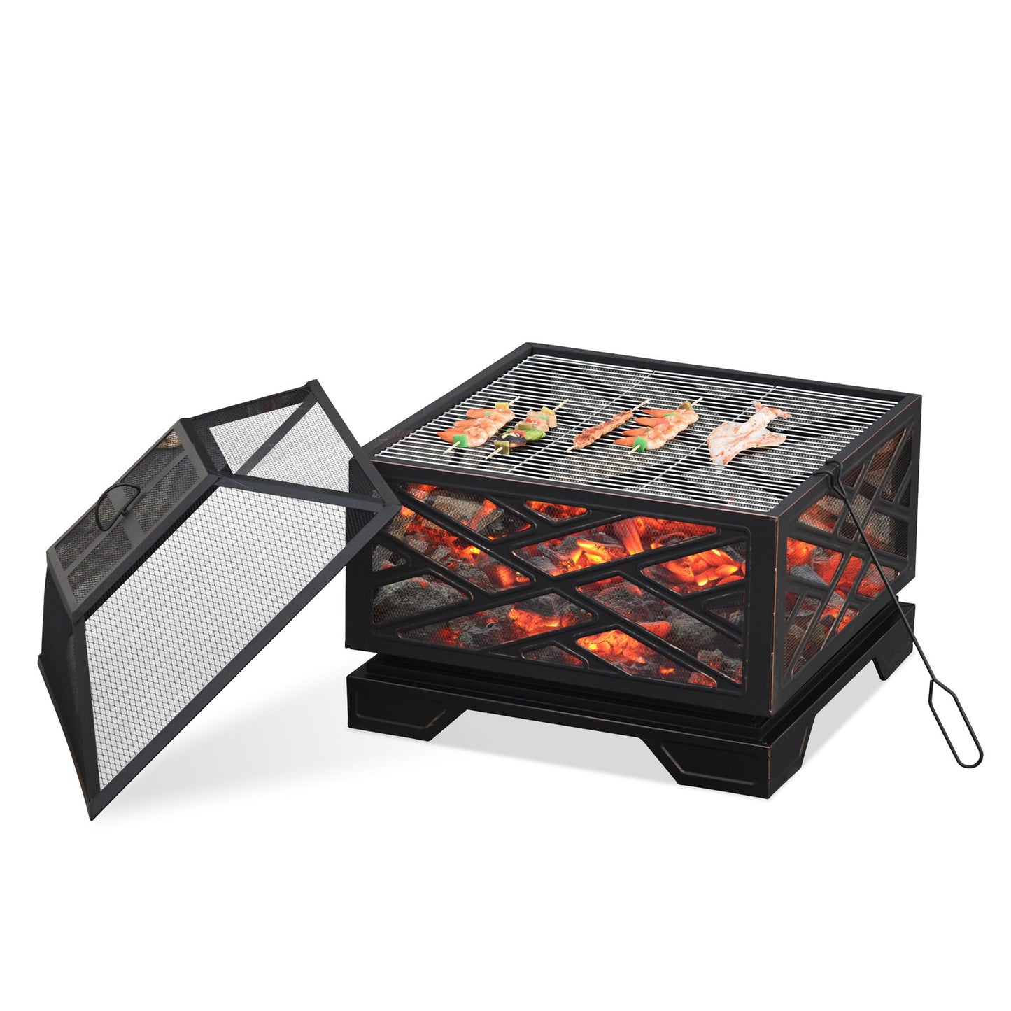 Outsunny Feuerschale mit Funkenschutz, Grillrost, Schürhaken, quadratisch, Stahlgehäuse, schwarz, 66 x 66 cm