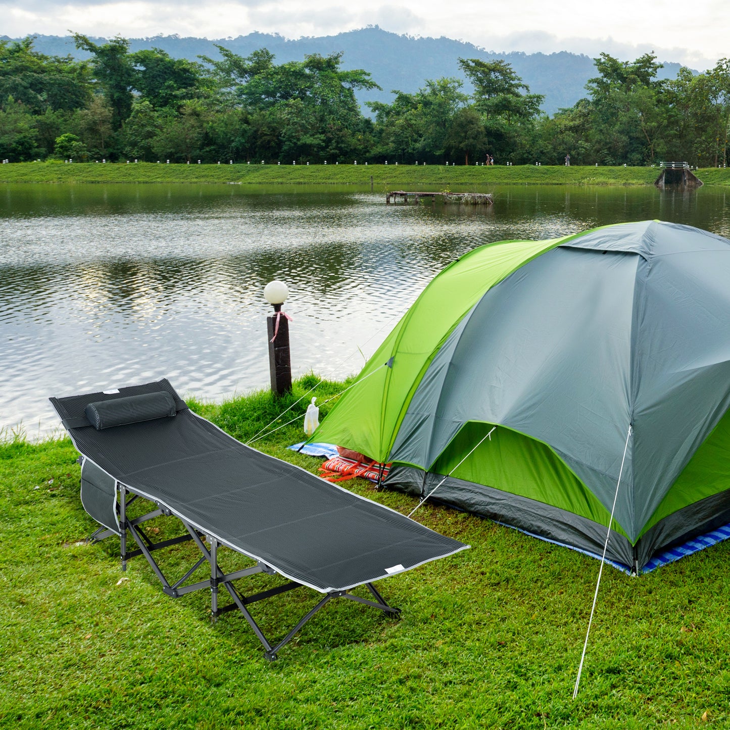 Outsunny Campingbett, klappbares Feldbett mit Kopfkissen, 188 x 64,5 x 53 cm, Grau