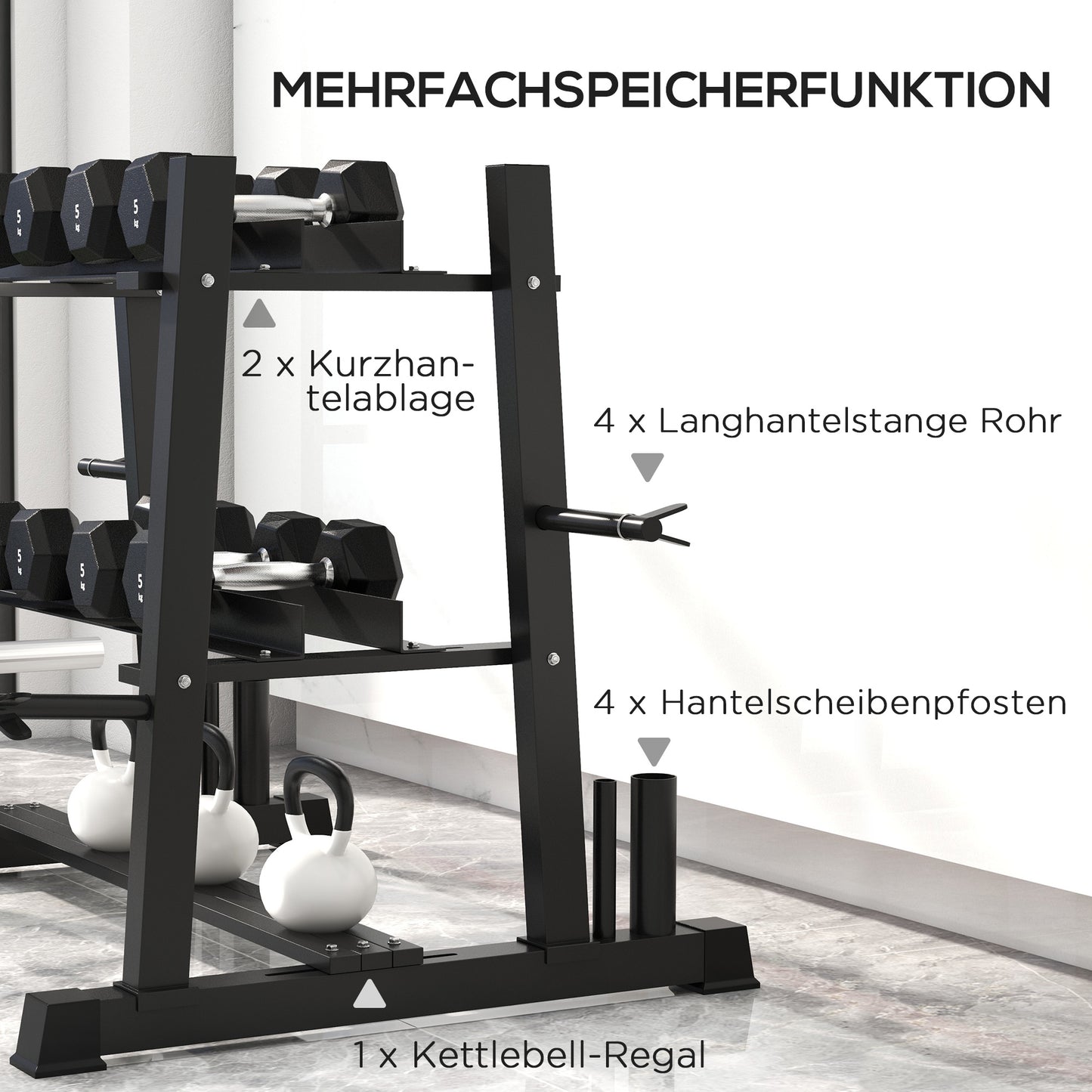 SPORTNOW Hantelständer für Kurzhantel, Kugelhantel, Hantelscheiben, 3 Etagen, anpassbar, Stahl, 131 x 75 x 80 cm, schwarz