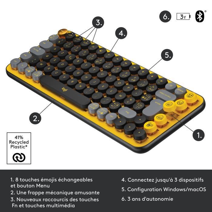 Logitech Wireless Keyboard - Mechanical POP Keys with Customizable Emoji Keys, Bluetooth or USB, Durable Compact Design - Yellow