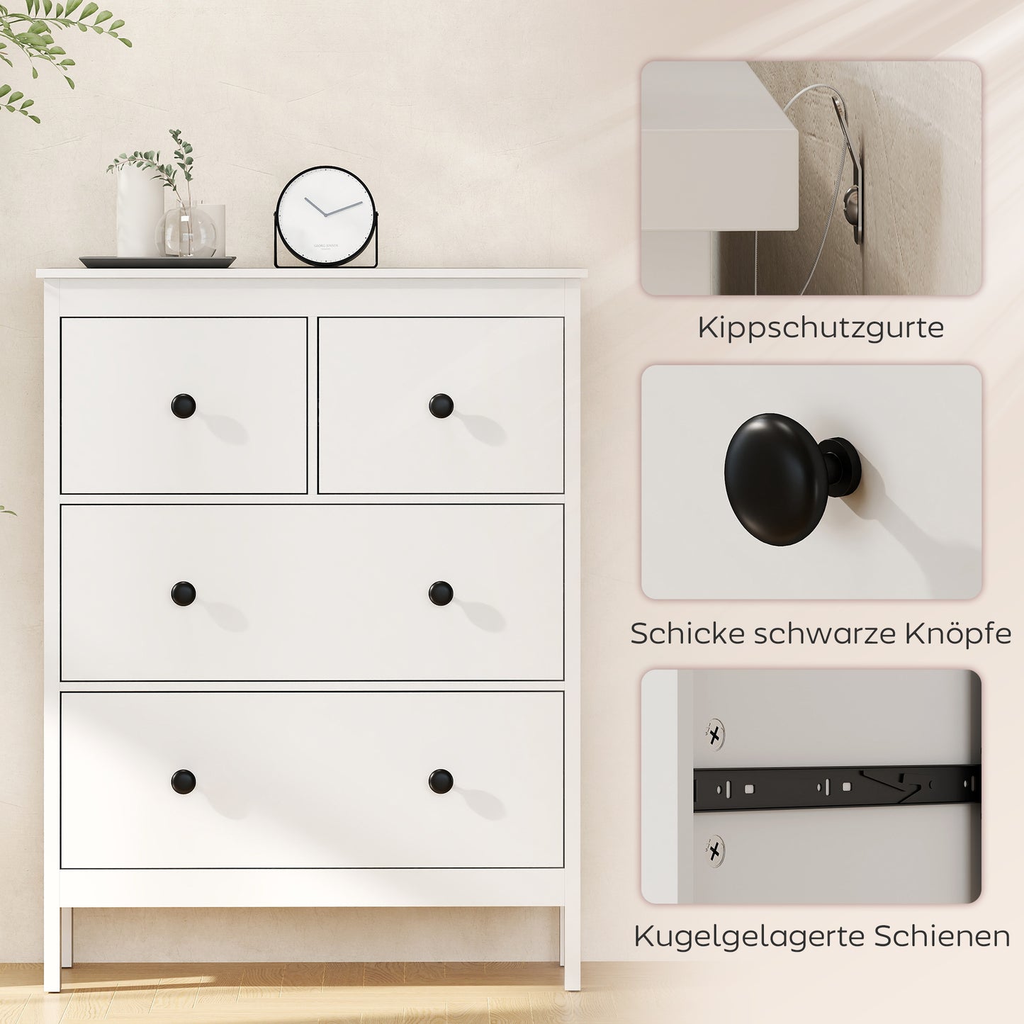 HOMCOM Kommode mit 4 Schubladen, für Kleidung & Bettwäsche, Wohnzimmer, Schlafzimmer, Flur, Spanplatte, Weiß