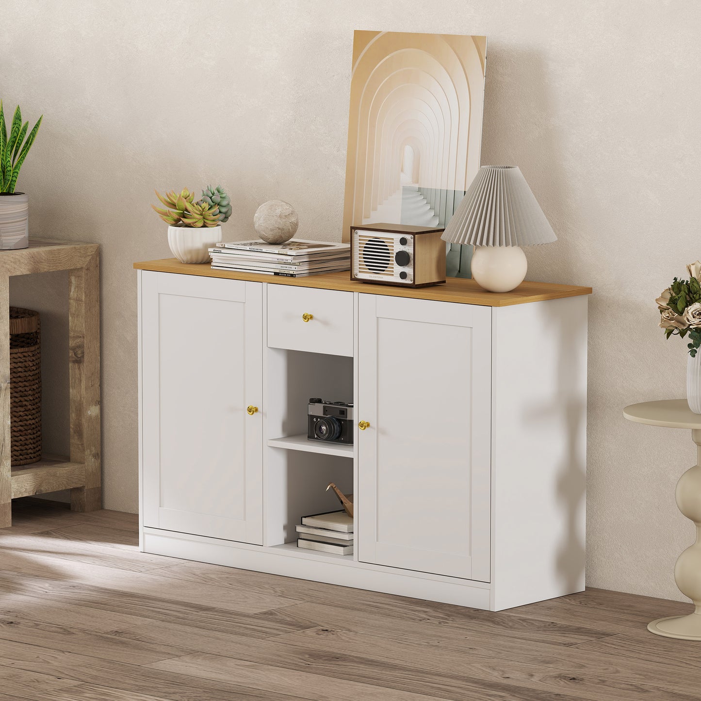 HOMCOM Küchenkommode, Sideboard mit Schublade, Schränken, Regalen, Spanplatte, Weiß
