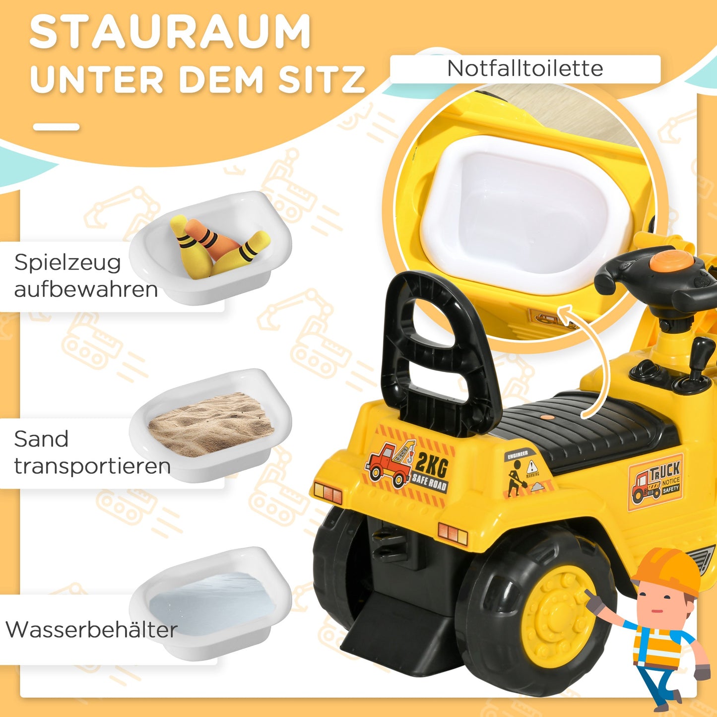HOMCOM Sitzbagger Aufsitzbagger mit Schaufel Kinderbagger mit Stauraum unter Sitz Rutschauto Spielzeugbagger zum Sitzen bis 30kg, Draufsitzen für Kinder 1,5-4 Jahre Gelb+Schwarz