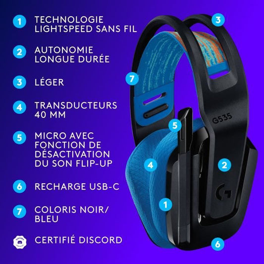 Gaming Headset - Wireless - LOGITECH G - G535 LIGHTSPEED - PC & PS5 - Black/Blue