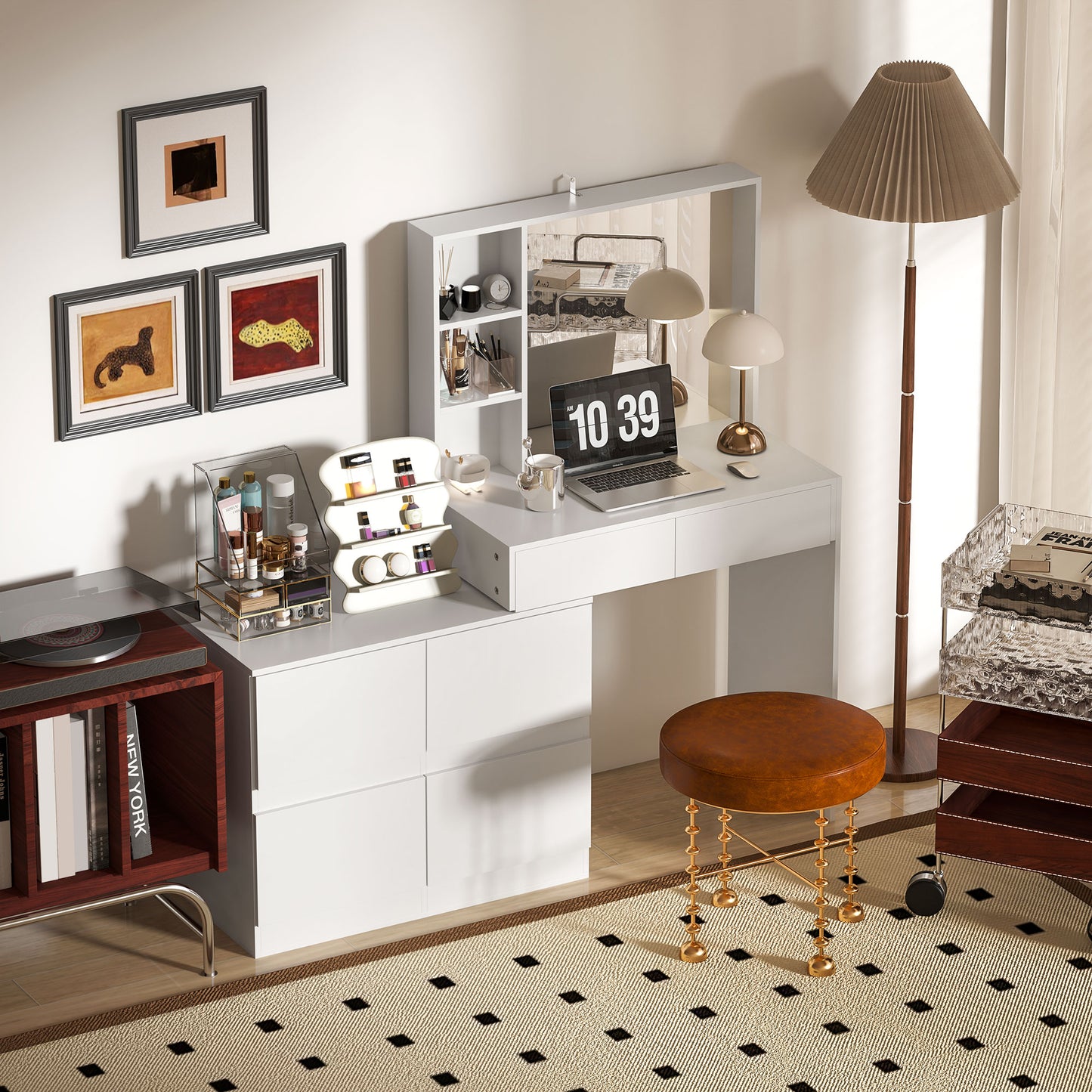 HOMCOM Schminktisch, Make-up-Tisch mit großem Spiegel, 4 Schubladen, 3 offene Fächer, 2 Schränke, MDF, Weiß