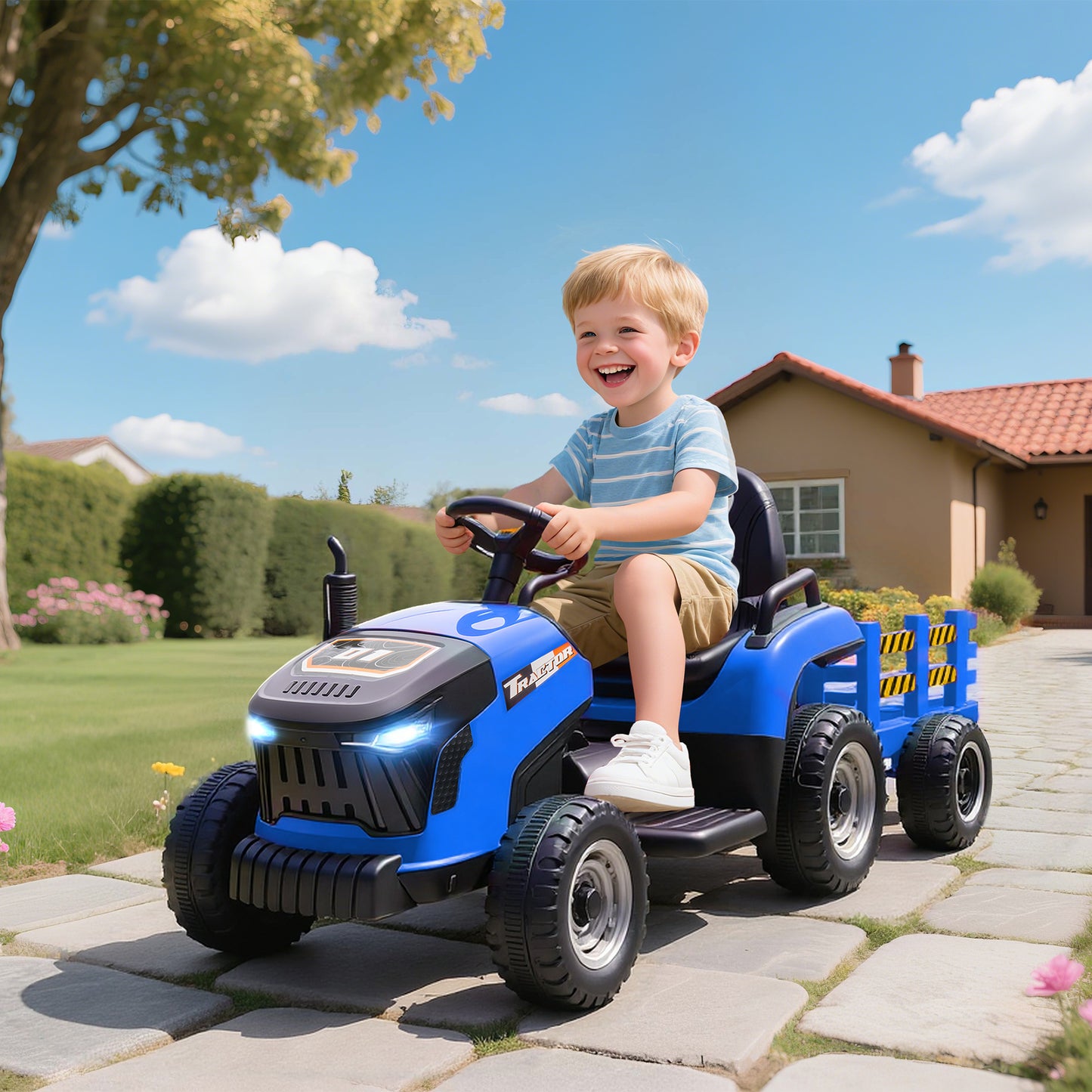 AIYAPLAY Elektrischer Kindertraktor, Aufsitz-Traktor mit Fernbedienung, Soft-Start, für Kinder im Alter von 3-8 Jahren, Blau