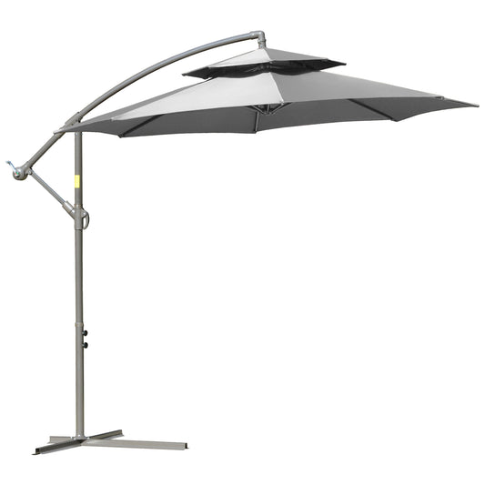 Outsunny Sonnenschirm Ampelschirm Ø2,67 x 2,45 m Kurbelschirm mit Doppeldach Kreuzbasis Stahl Outdoor Sonnenschutz Polyester Stahl Hellgrau