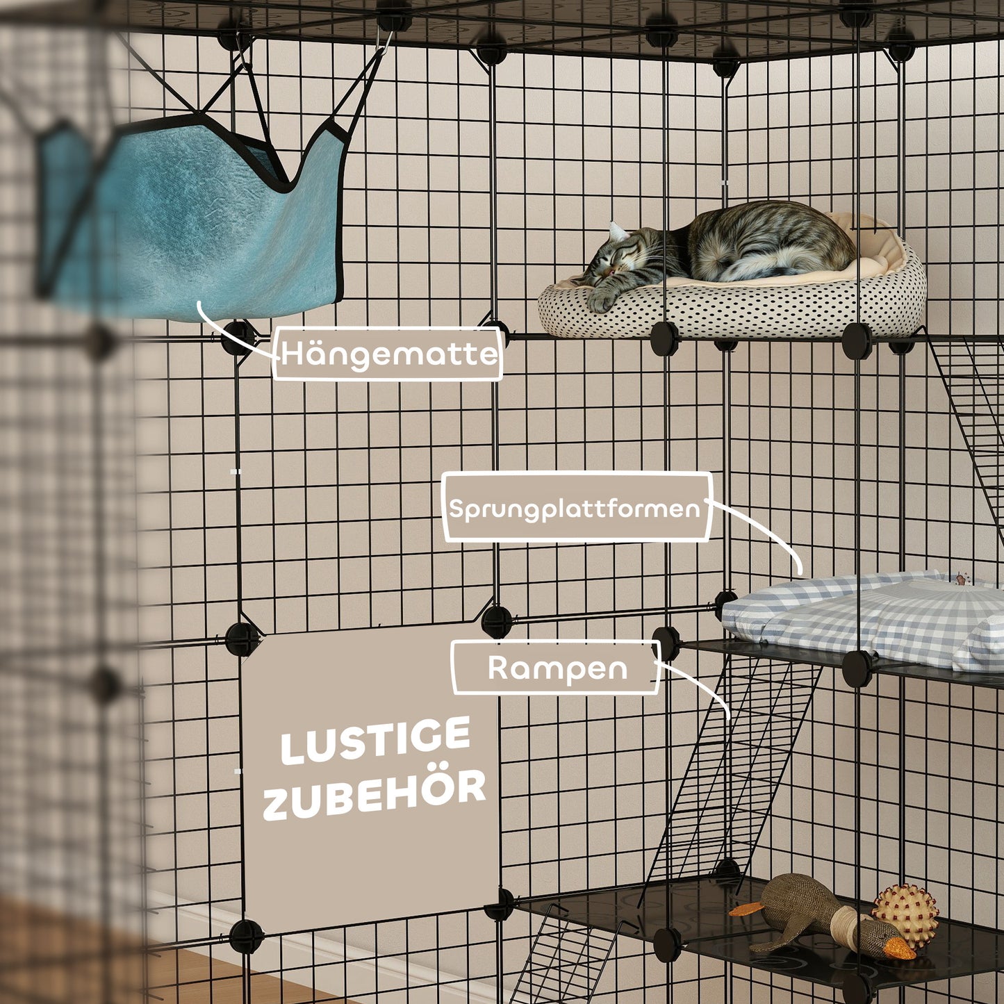 PawHut Katzenkäfig für Drinnen 4-stöckig DIY-Katzengehege mit dichtem Metalldraht Hängematte Rampe Türen Sprungplattformen