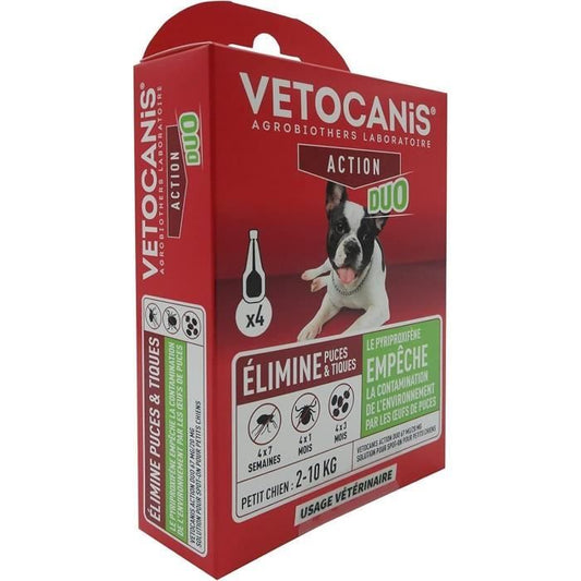 Pipettes - VETOCANIS - x4 Anti-flea and tick Duo Pipettes 67mg/20mg for Small Dogs