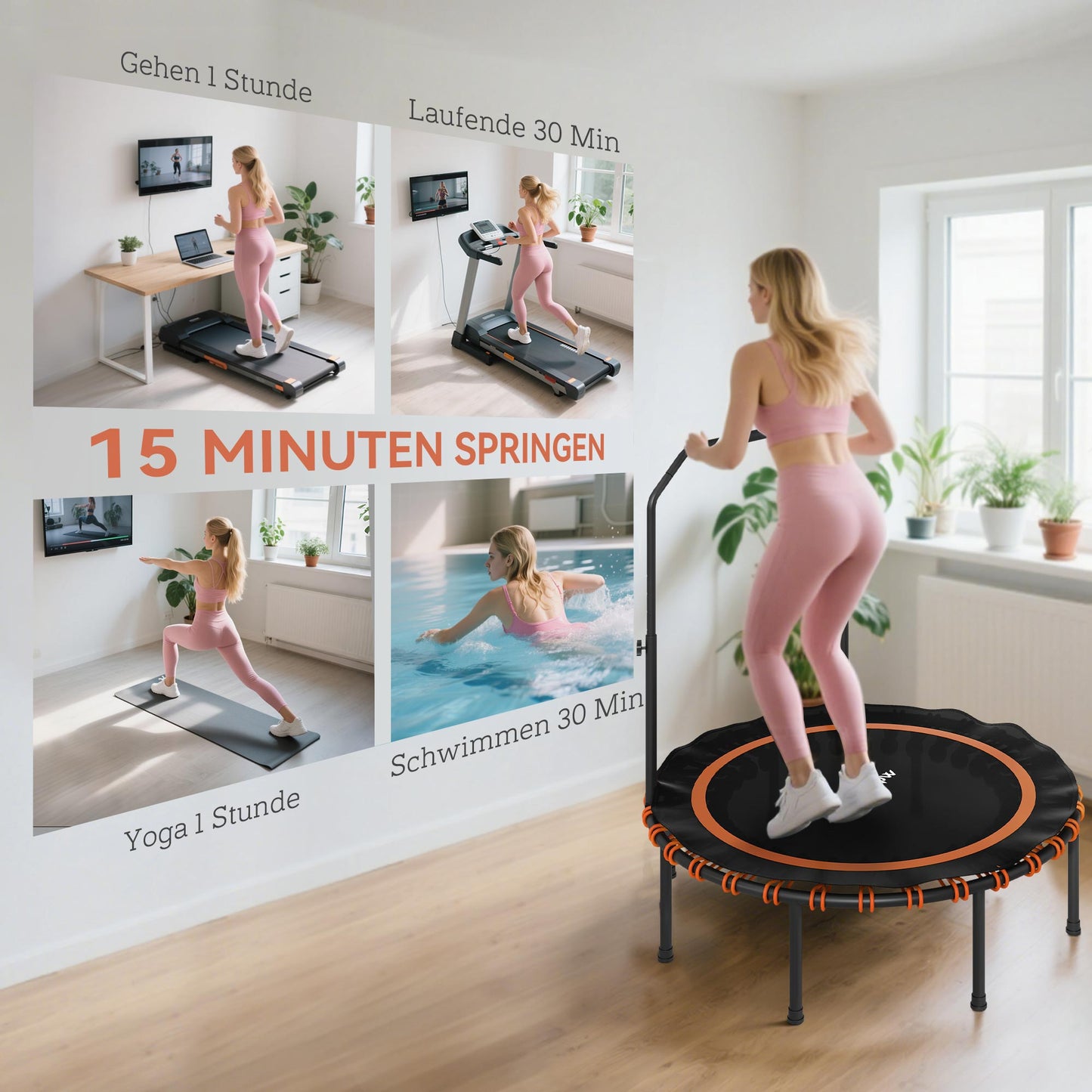 SPORTNOW Fitness-Trampolin mit verstellbarem Handlauf, Sport-Trampolin für drinnen und draußen, Stahl, Kunststoff, Orange