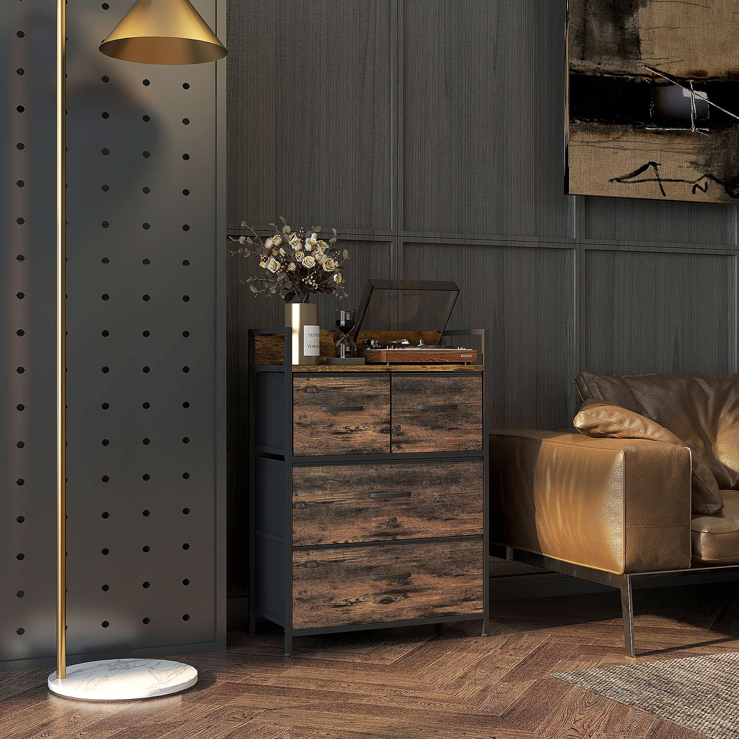 HOMCOM Kommode, Sideboard, 4 Stoffschubladen, Industrial Design, 60x29x85cm, Braun/Schwarz