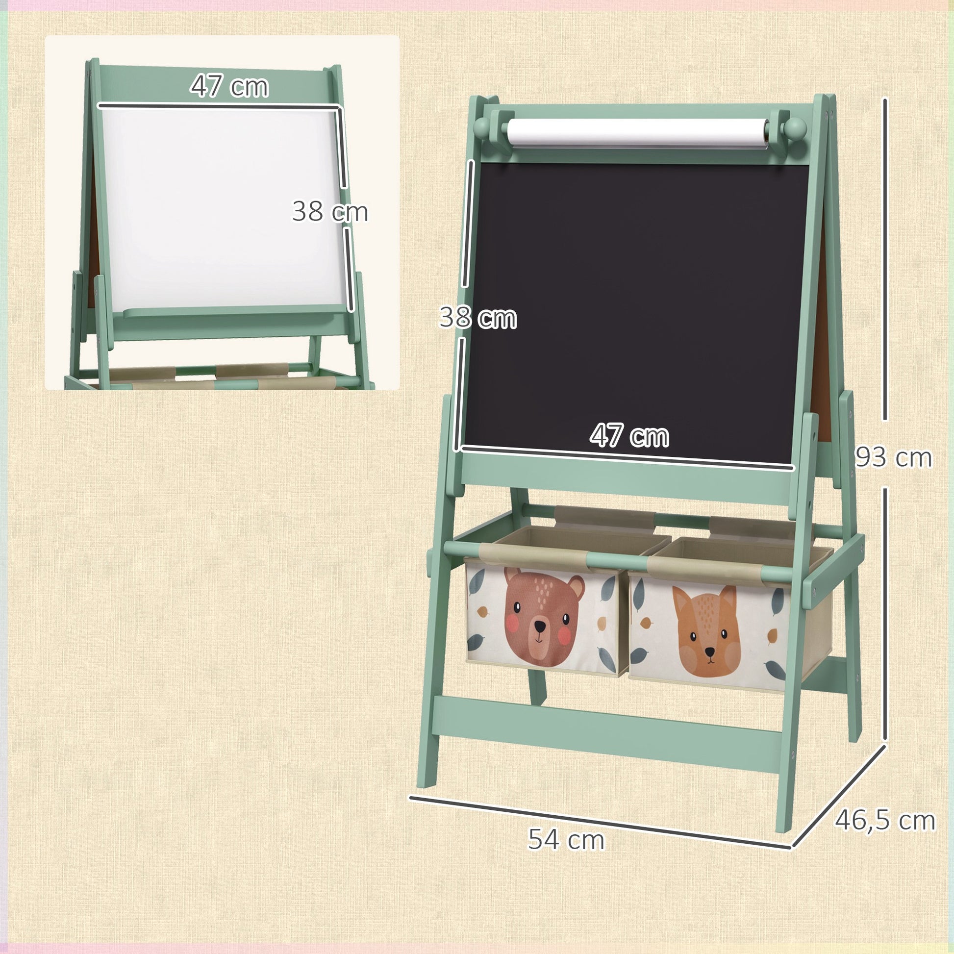 AIYAPLAY 3-in-1 Kinder Staffelei mit Papierrolle, Kreidetafel, Whiteboard, Aufbewahrungskörbe, 54 x 46,5 x 93 cm, grün