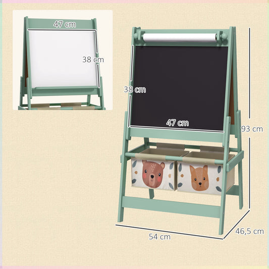 AIYAPLAY 3-in-1 Kinder Staffelei mit Papierrolle, Kreidetafel, Whiteboard, Aufbewahrungskörbe, 54 x 46,5 x 93 cm, grün