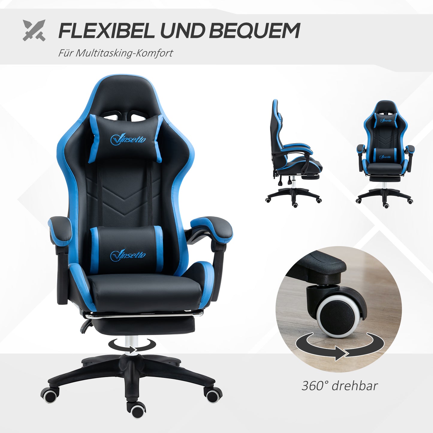 Vinsetto Bürostuhl, Gamingstuhl, 1 Kopfstütze, 1 Lendenstütze, Blau + Schwarz
