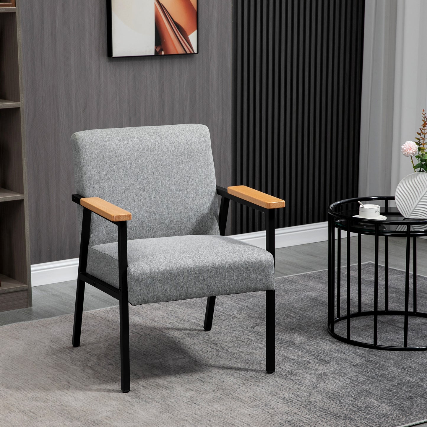 HOMCOM Akzentsessel im Skandidesign, Ruhesessel ,Akzentstuhl, Leinenoptik, Kautschukholz, Grau + Schwarz + Braun