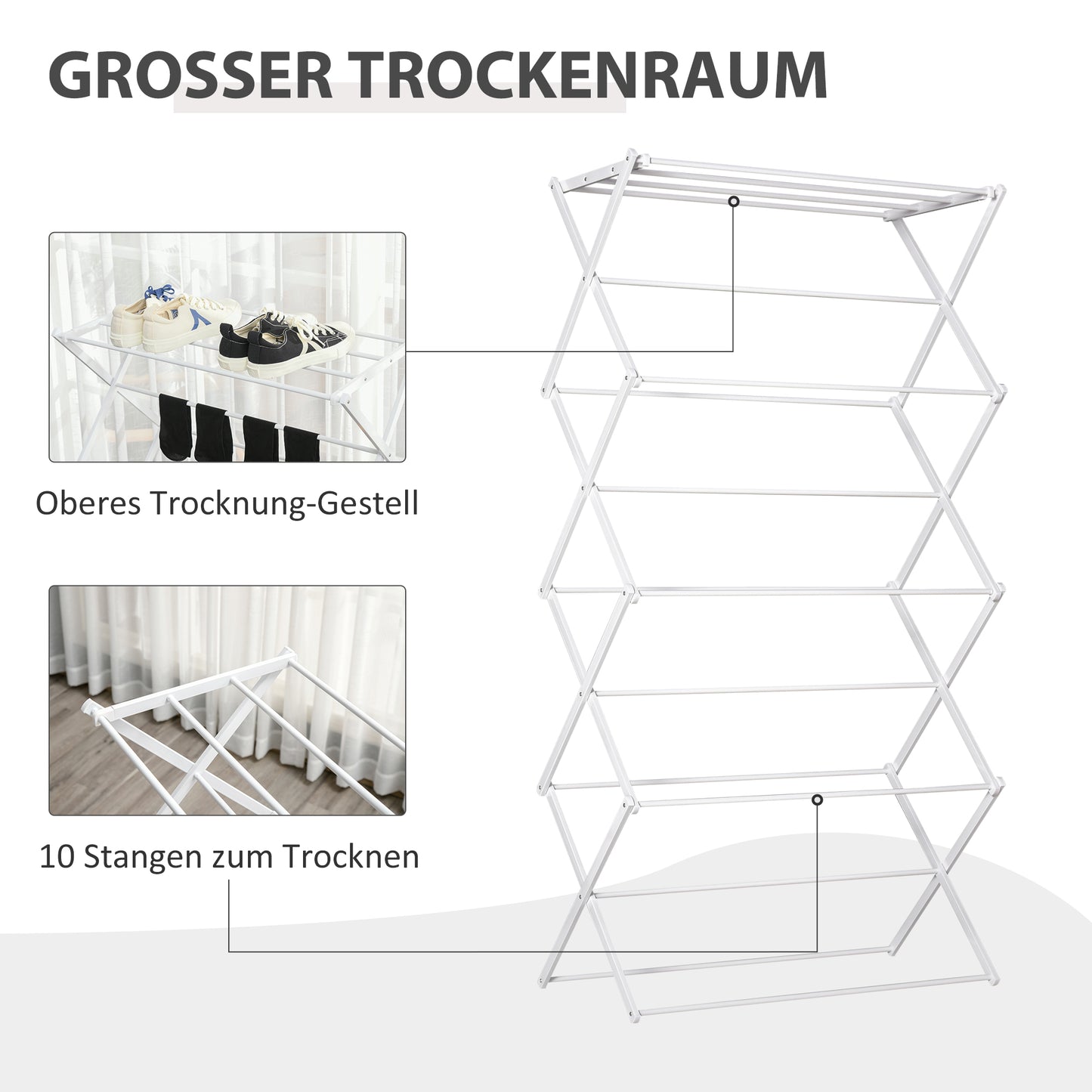 HOMCOM Wäscheständer faltbar 8-stufiger Trockengestell Turmtrockner Turmwäscheständer Trockenständer Metall Kunststoff Weiß 74 x 35 x 144 cm