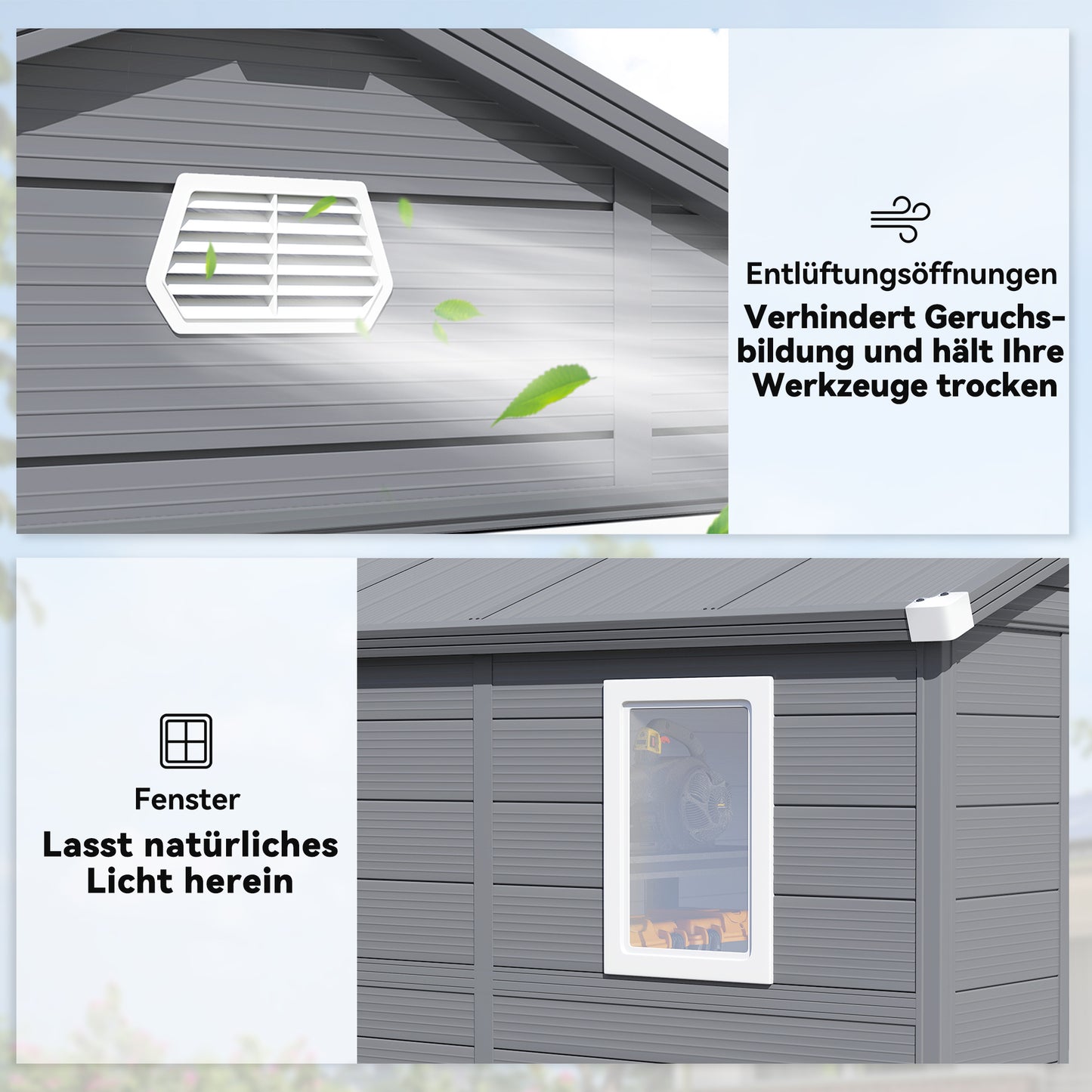 Outsunny Gerätehaus, Gartenhaus, Geräteschuppen mit Lüftungsfenster, Kunststoff, Metall, 240 x 190 x 180/228, Grau