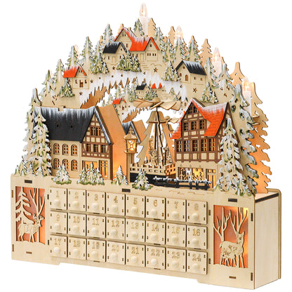 HOMCOM Adventskalender, Weihnachtsdorf, 18 LEDs, 24 Schubladen, wiederverwendbar, 45 x 9 x 42,5 cm