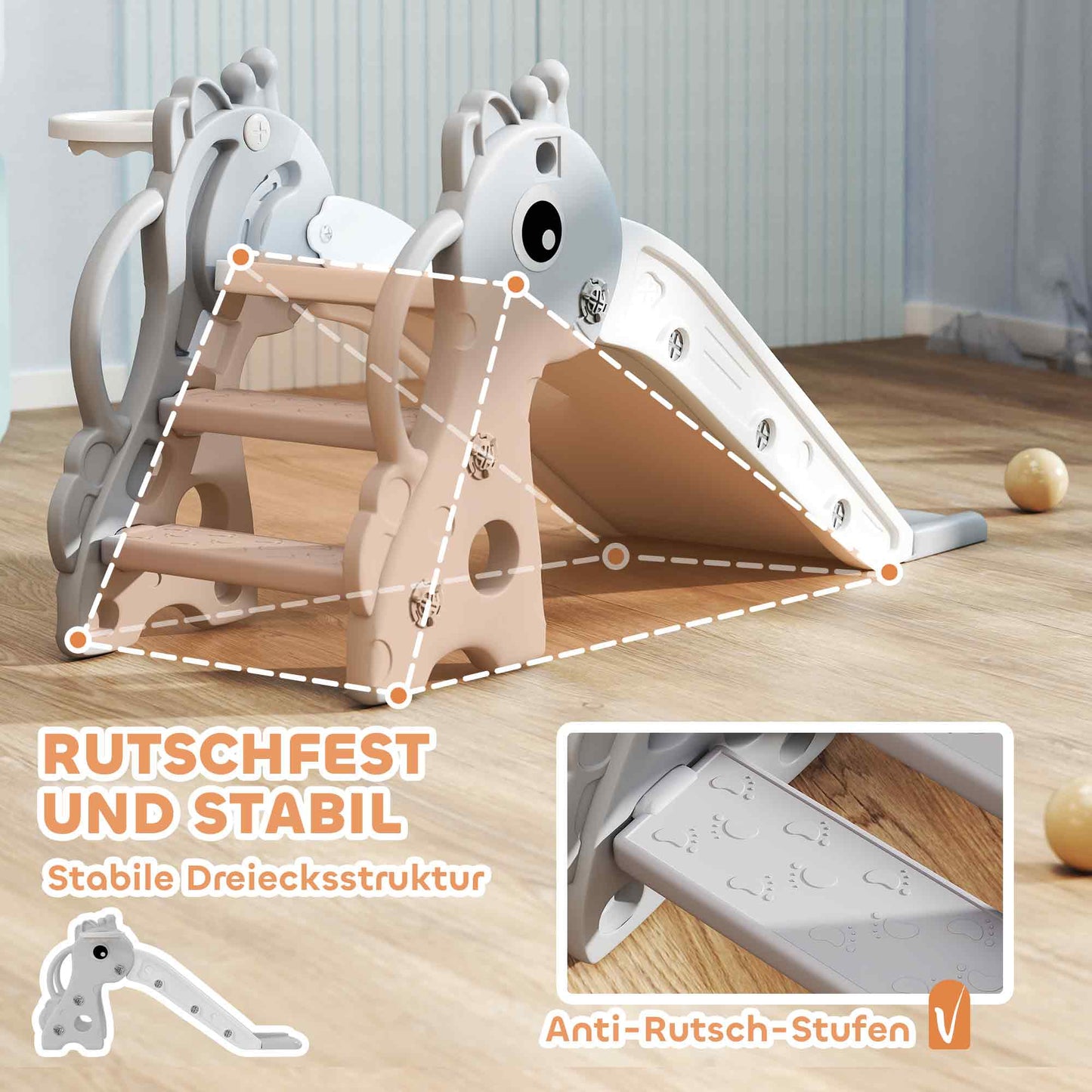 AIYAPLAY 3-in-1 Rutsche für Kinder, Giraffenform, Basketballkorb, Ball, Grau