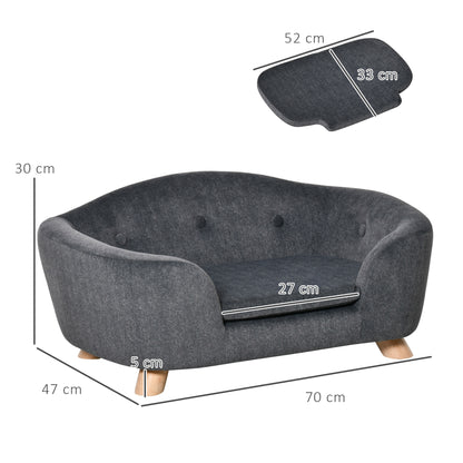 PawHut Haustiersoffa Hundematte Hundebett Hundesofa Hundecouch Katzen Sofa mit Kissen Rückentasche Plüsch Schaumstoff Kiefernholz Dunkelgrau 70 x 47 x 30 cm
