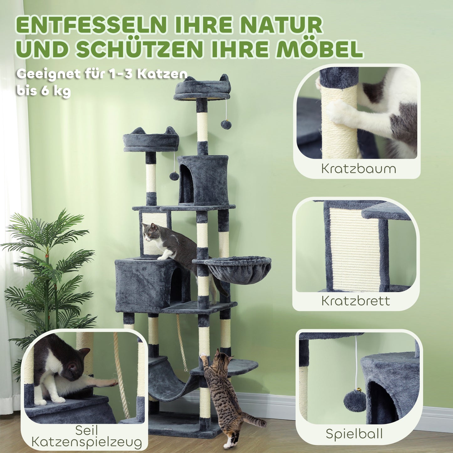 PawHut Kratzbaum 206 cm Katzenturm mit Höhle, 2 Spielballen, Sisalstämme, Plattform für große Katzen, Dunkelgrau