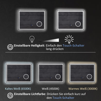 kleankin LED Badezimmerspiegel mit 3x Vergrößerung, Touch-Funktion, Memory-Funktion, kein Beschlagen, 80 x 60 cm