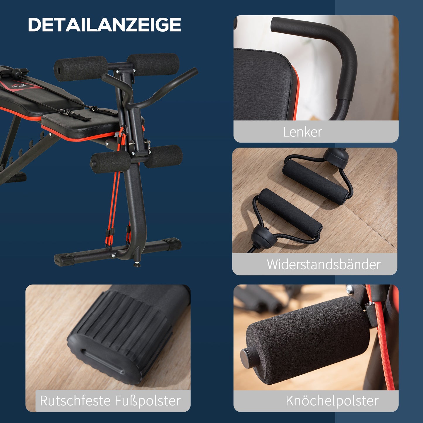 HOMCOM Hantelbank verstellbare Trainingsbank mit elastischer Seils Sit Up-Bank für Heimtraining 6 Stufen Rückenlehne-Gefälle Gewicht bis 150 kg Stahl Kunstleder Schwarz+Rot 145 x 49 x 48-127 cm