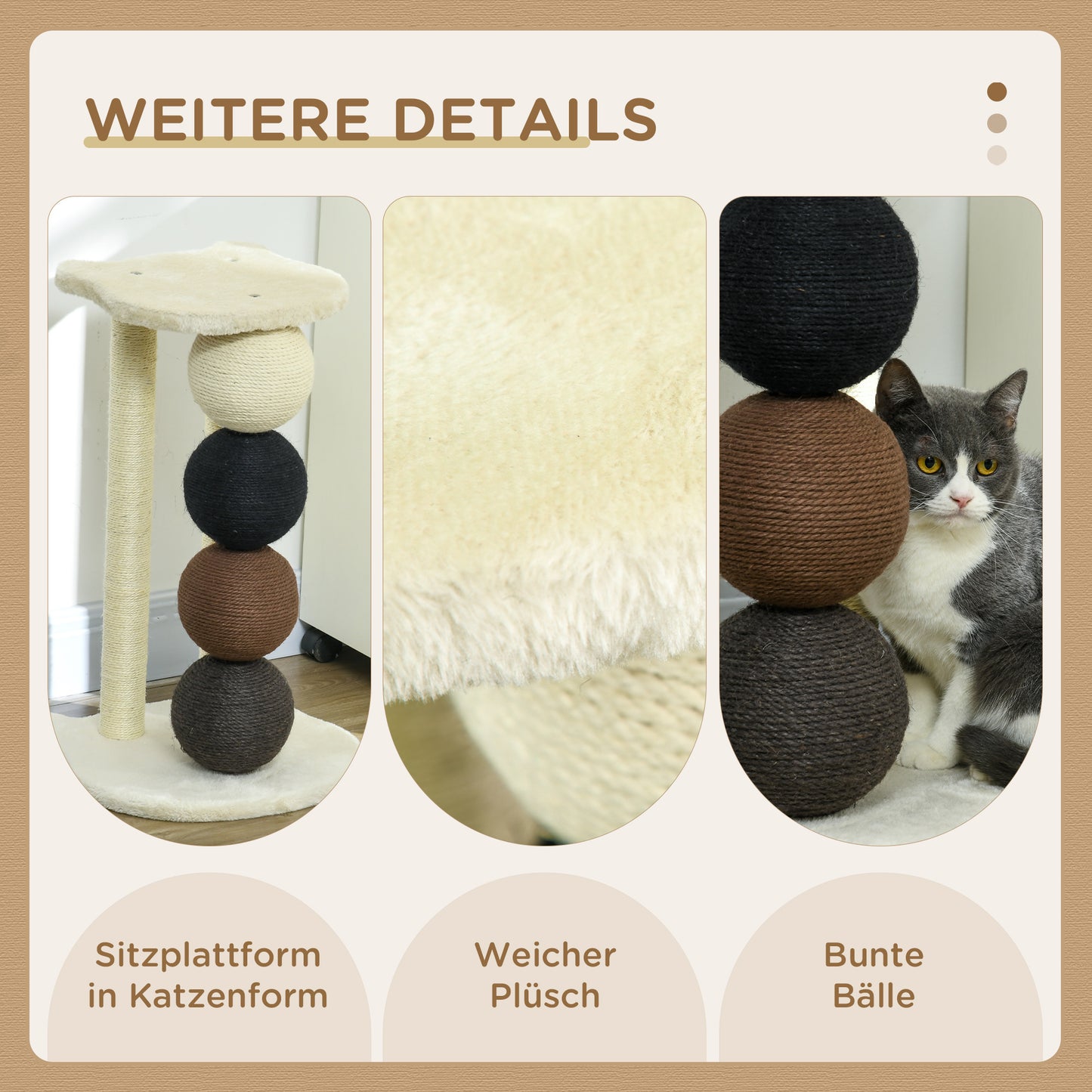 PawHut Kratzsäule für Katzen, Katzenkratzbaum Kratzbaum mit Plattform, Kratzstamm mit 2 Sisalpfosten und 4 Sisalbällen, Katzenkratzer Spielzeug, 38 x 38 x 64 cm